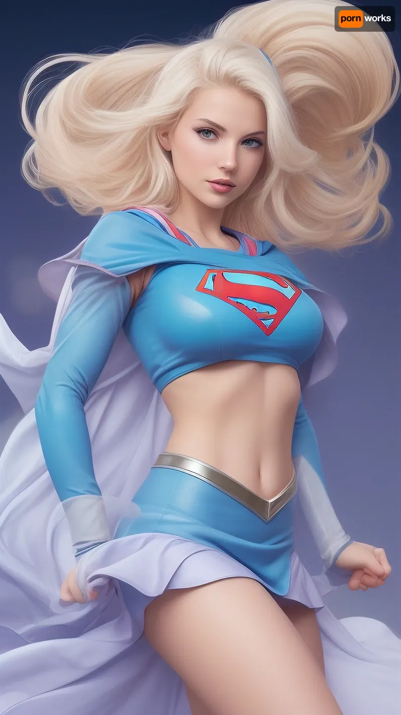 A stylized Supergirl, inspired by artist J Scott Campbell, (https, //comicartcommunity.com/gallery/details.php?image_id=41936), pulling up a tight crop top over her big boobs. S emblem on crop top, She has long platinum blonde hair and a fierce, determined expression. Her outfit is a sexy, modern take on a superhero costume, with a tiny cape and short skirt, rendered in soft colors with subtle blue accents. The pose is dynamic and confident, emphasizing her strength and allure, reminiscent of classic pin-up comic art styles.of J Scott Campbell Art Style & Texture, •	Comic book pin-up aesthetic
	•	Light ink shading, smooth skin and fabric highlights
	•	Soft color accents with bold outlines

Hashtags, #PhotonSuperSiren #ComicHeroine #PowerPose #PinUpJustice #SilverStrength #HeroReveal #DynamicBeauty #StylizedSupergirl #SexySuperpowered #CapeAndCurves