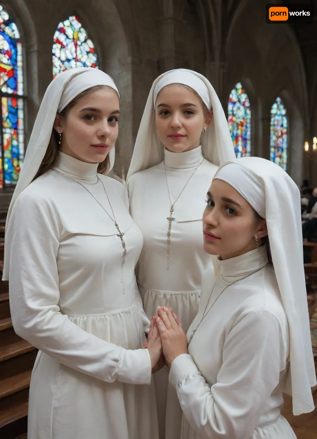 (Group of nuns), in a church, (white nun costume:1.2), (ethnic diversity)