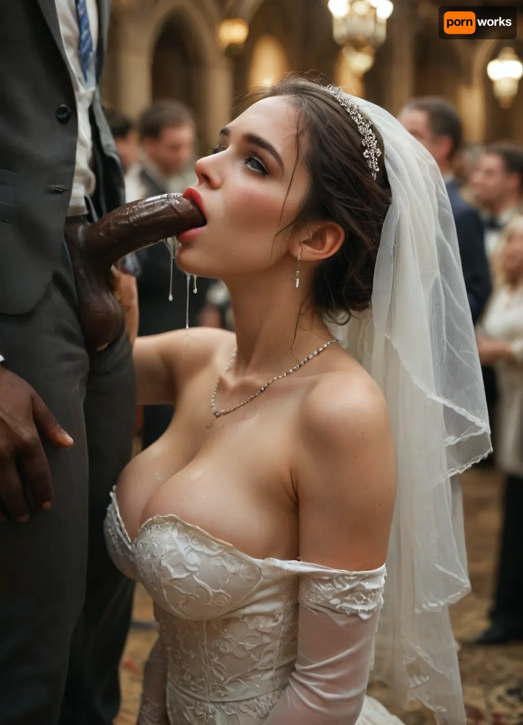 (((interracial))), 5giant black thick penises, perfect side view, Persian bide, super busty bride, nice cleavage, sexy wedding dress, a surreal and cinematic photo of a, (((beautiful Iranian bride tilting her head back while holding a clear glass jar high above her face with both hands, thick creamy white cum slowly pouring out of the jar and streaming directly into her open mouth:1.1))), ((cum puring into her open mouth)), ((white skin skinny cuckold groom in suit hug the bride and kiss her)), . She wears a luxurious and detailed wedding dress with lace and pearl textures, her makeup is glamorous with a focus on the eyes. Her expression is intense yet graceful, soft lighting highlights the slime’s glossy texture and her elegant posture. High-detail fashion photography, dark blurred background, conceptual and provocative styling., ral-18thlxry, BadX, crying, romantic_couple_poses, <lora:MJ52:.7>, <lora:18th century:.8>, <lora:dAIversityUnderstandingXLRealistic:1.4>, <lora:crying:.9>, <lora:1365620_training_data:1>