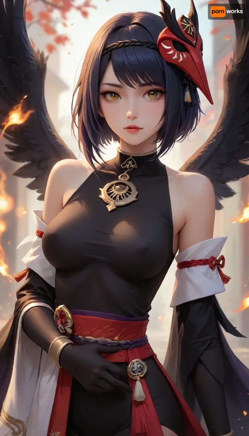 ultra-detailed, best quality, masterpiece, highres, original, extremely, jiu tiao, 1girl, kujou sara, solo, breasts, bird mask, yellow eyes, mask, gloves, mask on head, short hair, looking at viewer, sash, vision, genshin impact, detached sleeves, black gloves, wings, japanese clothes, bangs, tassel, black hair, bodysuit, wide sleeves, black bodysuit, black wings, swept bangs, <lora:jiutiaox_xl:1>, <lora:Animated_Concept:1>