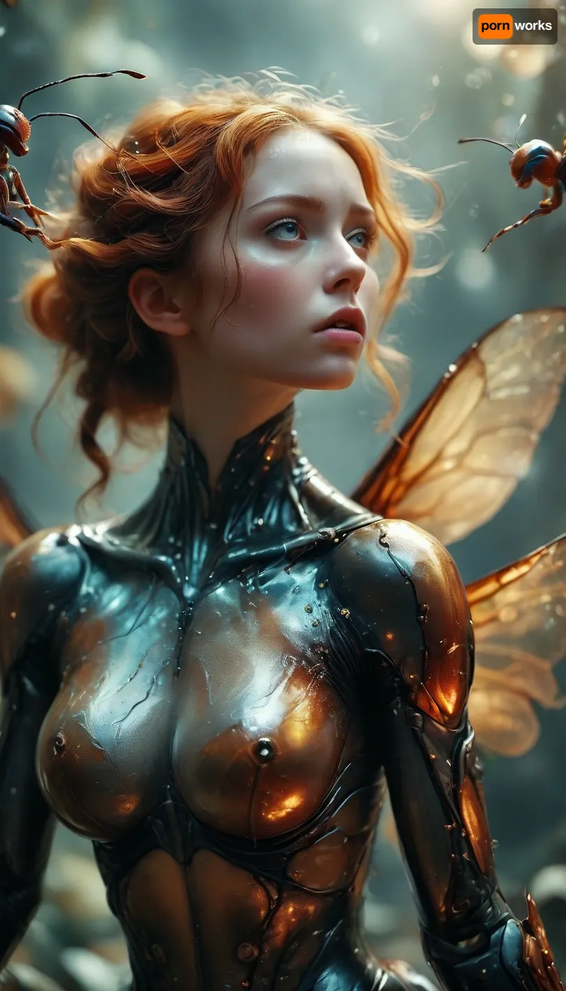 Macro shot of insects, Full body, ((18 years ginger submissive woman is living as a slave for a giant dominant ant)), shot on old film camera with film artifacts, ac_neg1, BadX, bee, mythsxl, ant, Stunning, Beauty, Bizarrely, Glorious, Giant, robot, looming, very, upset, Mystical, being, with, iridescent, wings, a, delicate, smoky, veil, hands, reaching, out, for, hug, <lora:MJ52:.8>, <lora:Midjourney Image Enhancer XL v1:.5>, <lora:mythsxl:.5>, <lora:Stunning_Beauty_XL-000009:.8>, <lora:dare_glorious_being:.8>