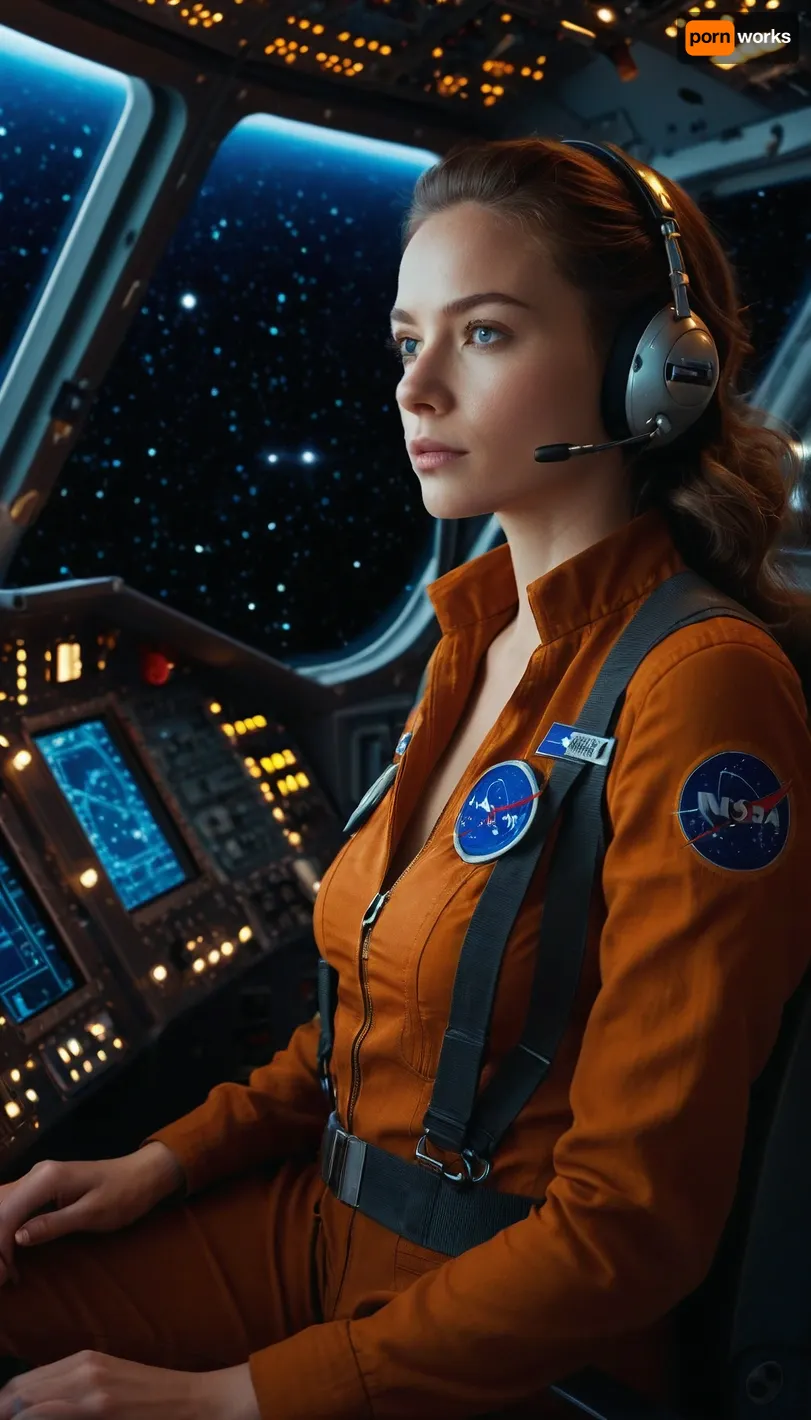 Beautiful young girl, in unbuttoned jumpsuit, sitting in the pilot's seat at the control panel of a spaceship, Milky Way and stars are visible behind the cockpit, full-length photo, profile view, 8K quality, super detailed image