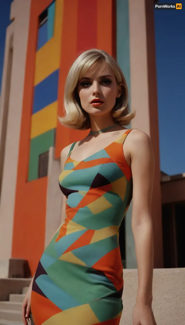 ziprealism, (avant-garde 1960s fashion esthetic, chic fashion, retro fashion photography, seductive pose, vibrant, stylish, high saturation, bold colors, tight dress:1.6), (intimate analog snapshot esthetic, sharp focus, medium full shot, low angle view, focus on eyes:1.8), (ash blonde hair, perfectly styled hair, permed hair:1.6), (outside home, colorful architectural backdrop, geometric:1.6), (analog photography, 35mm lens, f/4), (masterpiece, best quality, 8k, RAW photography, award-winning, uncompressed, maximum quality), (professional color grading), (softly blurred background, soft bokeh), (natural skin texture, realistic skin details, subtle vellus hair), (maximum clothing detail), (maximum hair detail, natural hair texture), (perfect eyes, maximum eye detail, expressive eyes, realistic eye texture:1.4)