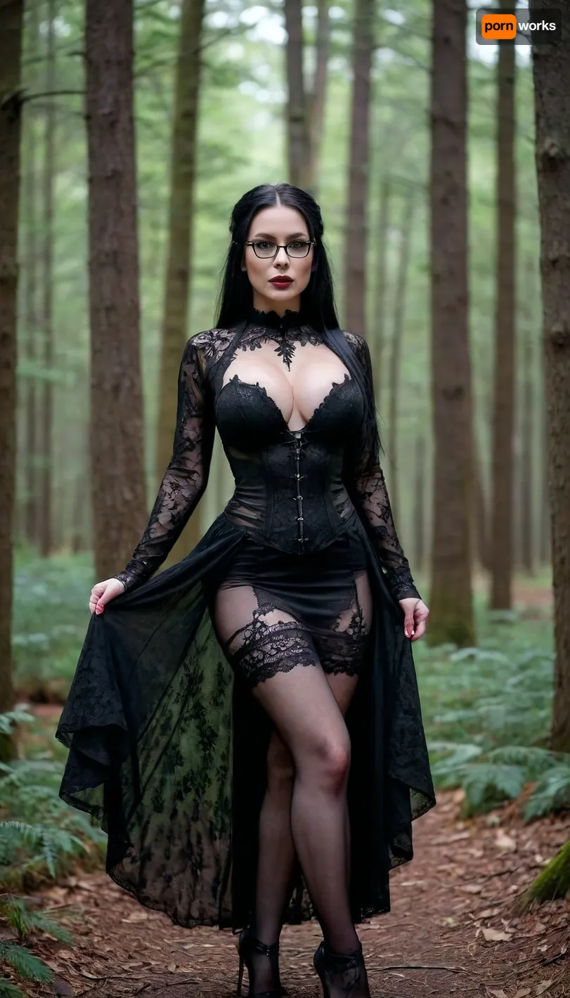 Full body view, Beautiful sexy Gothic slave posing in a dark forest. She wears a sheer black gown with intricate lace details. pale skin, straight black hair. Ponytail. Glasses. Perfect face. High quality., ((round breast implants)), black stiletto heels, <lora:bimboxl_02:1.3>, <lora:add-detail-xl:1.6>