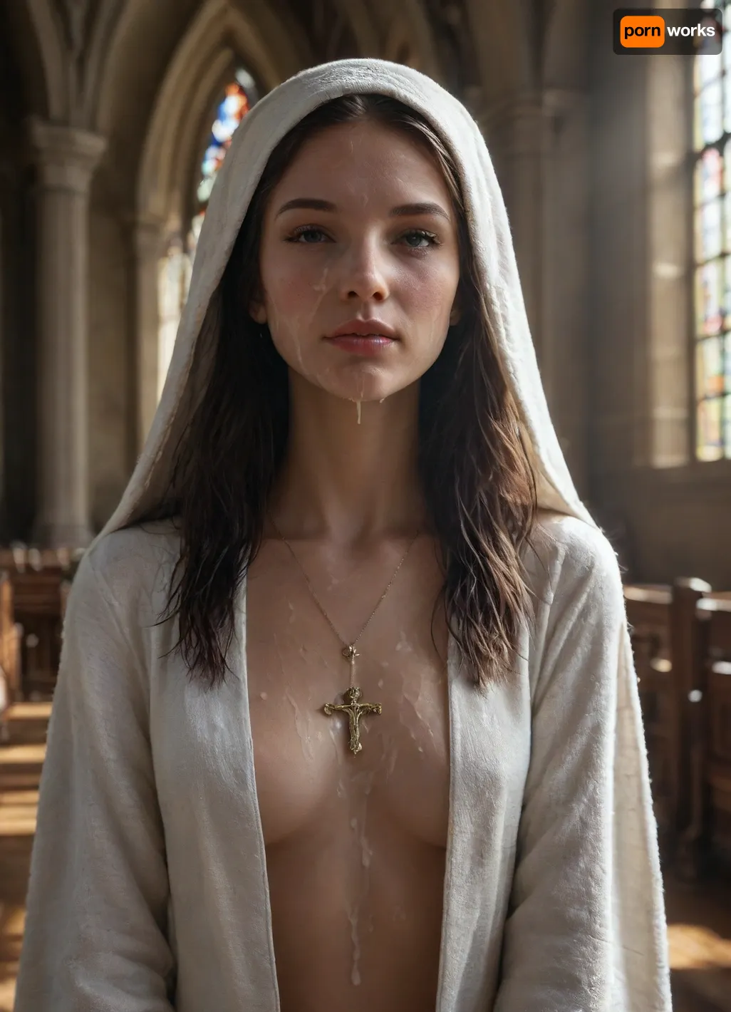 Close up, ultra realistic, dark church background, boots, cross, ((((slim))), (((cum covered sexy satin robe))), long black hair, necklace, cum covered nun, solo, standing, thigh high boots, stockings, (((pretty face))), (((detailed face))), (((perfect face))), high, best natural sunlight, masterpiece, 32k, (Masterpiece:1.2), high quality, volumetric lighting, backlight, sexy, bukkake, <lora:bukkake_v0.4:.5>)