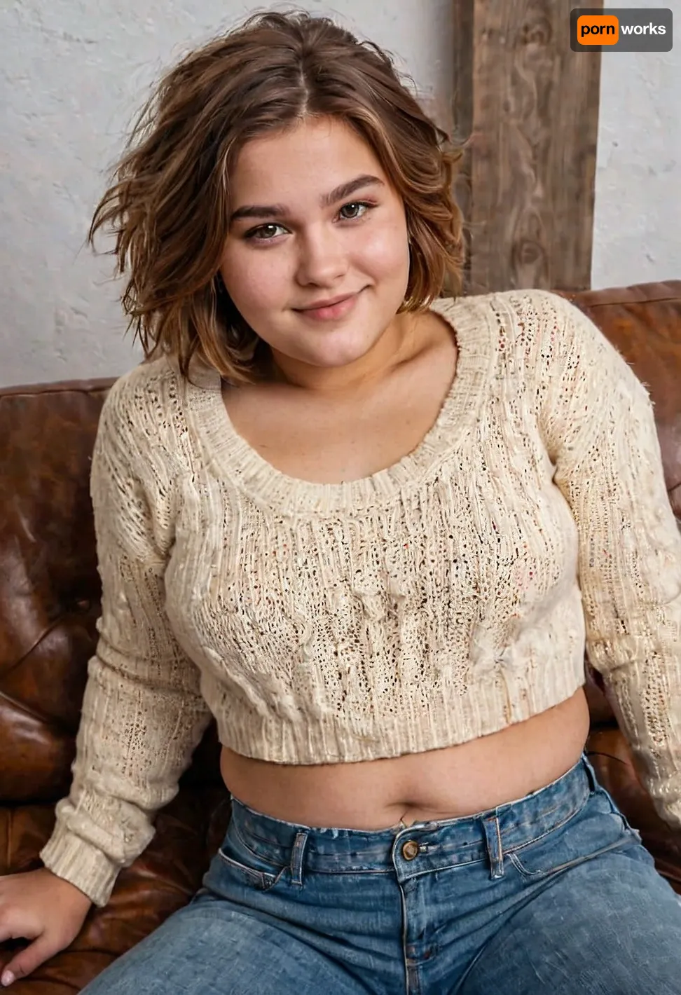 (((sitting on couch))), looking to the camera, ((view from above)), full portrait of a chubby girl, ((teen:1.33)), 18 years old, cheeky smile, ((high detailed skin)), high quality, detailed skin texture, (highly detailed hair), ((chubby body)), ((curvy body)), (realistic), soft focus, insanely detailed, highest quality, ((cropped sweater, cutoff sweater, midriff)), midriff, small small breasts, naked waist, messy shaggy long Bob haircut, (underboob:1.3), Swedish woman, dyed hair, <lora:bralessSDXL_v1_00022:.4>
