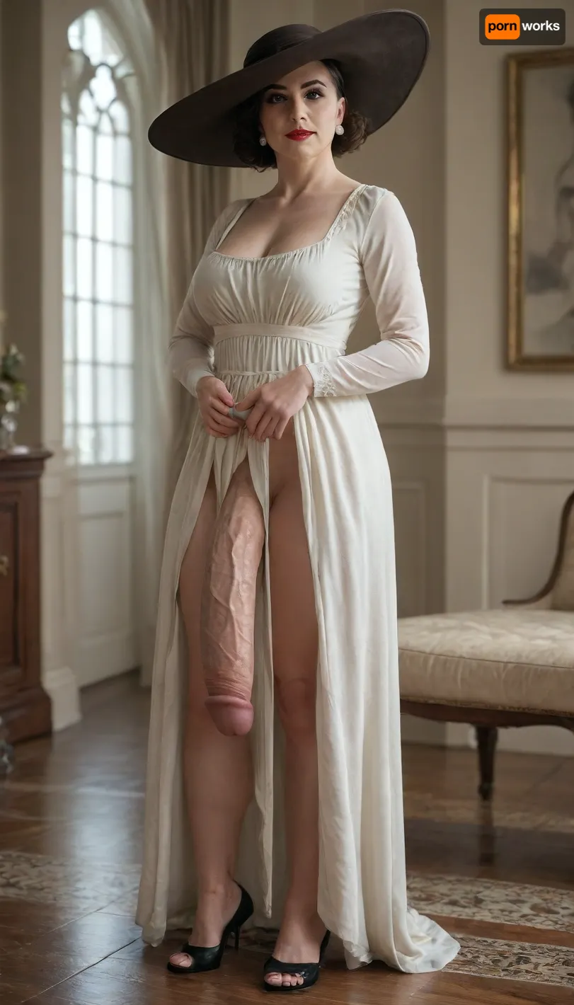 Alcina Dimitrescu, full body, (transgender), (futanari), giant penis