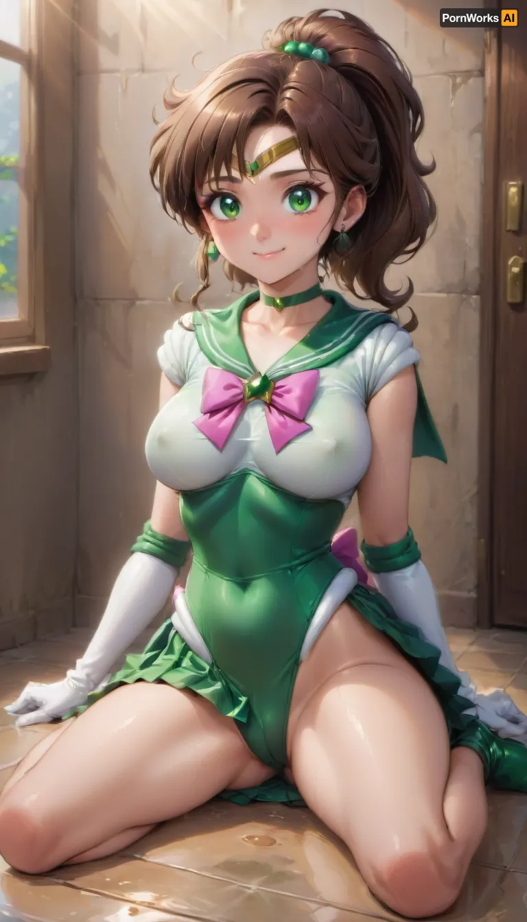 long distance view, full body view, woman, sailor Jupiter, sailor Jupiter uniform, in bathroom, sit on the floor, sporty round ass, medium tits, small lips, lots of freckles face and skin, blush on the checks and nose, (raised nasal tip, upturned button nose, upturned nose, delicate nose, nose), brown wild wet hair with sidelocks, very sexy smile, hard nipples, slim gymnastic fitness well build body, very oiled wet body, blush on cheeks and nose, very happy smile, hypnotized loving eyes, wild hair, loving look in to the eyes, hmjupiter, senshi, leotard, smjupiter, smjupiteroutfit, (sailor, jupiter, bow, elbow, gloves, neck, ribbon, bangs, long, hair, circlet, jewelry, flower, earrings, ponytail), (green, eyes:1.5), (parted, bangs:1.5), aajupiter, long, hair, brown, ponytail, bobbles, tiara, earrings, green, eyes, choker, sailor, collar, pink, bowtie, white, shirt, elbow, gloves, skirt, pleated, bare, legs, school, uniform, ribbon, sleeves, <lora:sailor_jupiter_animaginexl_v2:.8>, SailorJupiter, magical, girl, <lora:SailorJupiter:.8>