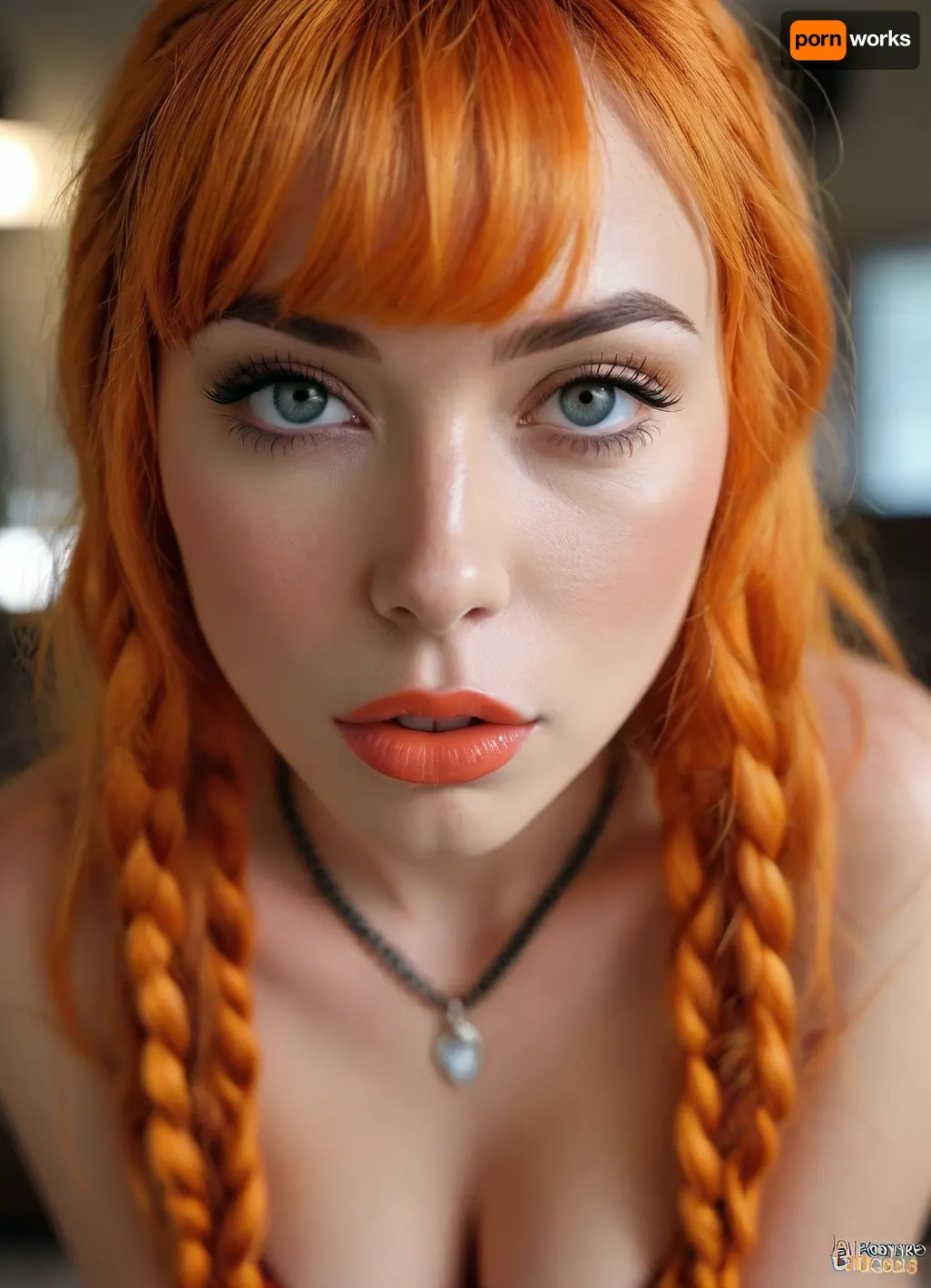 HD masterpiece, professional candid photo, score_9, score_8_up, maximum detail, (macrolens), volumetric lighting, (one goth woman, name Maria, 30 years old, model, very tall, long legs, toned body, large breasts, very wide hips, large round ass, narrow waist, small waist), beautiful face, (bright blue eyes, almond-shaped eyes), orange braids bangs hair, (orange braids hair with bangs:1.5), (heart shaped face, long pointy nose, large forehead, thin well-defined eyebrows, upturned nose, gently tapering jawline, round chin, piercing gaze, symmetric face), black lipstick, goth makeup, highly detailed skin texture, (wearing loose orange sundress), on her knees, sweat body, (ultra detailed image, high resolution, high level of detail), (blowjob:1.5), hard fat cock in mouth, moaning, (focus on face, view from above), 35mm, <lora:MJ52:.8>, very close up focus of her mouth, black gloss lipstick, sucking, cock, <lora:cockteaseLoRASDXL:.8>