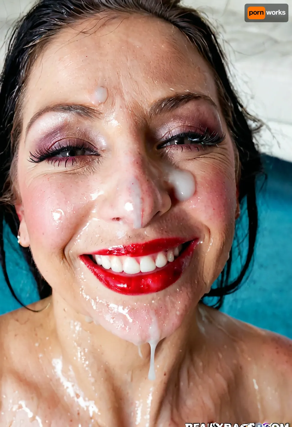 bukkake, cumshot, facial portrait picture of a old granny face in cum facial, smile, with heavy makeup and a lot of makeup, a lot of Cum on her face, cum on her long eyelashes, Cum on her eyelids, Cum on her cheek skin, her face wet with Cum, Cum on her red lips, Cum on her oversized siliconed tits, cum on her hair., real stacked 60 years old grandmother