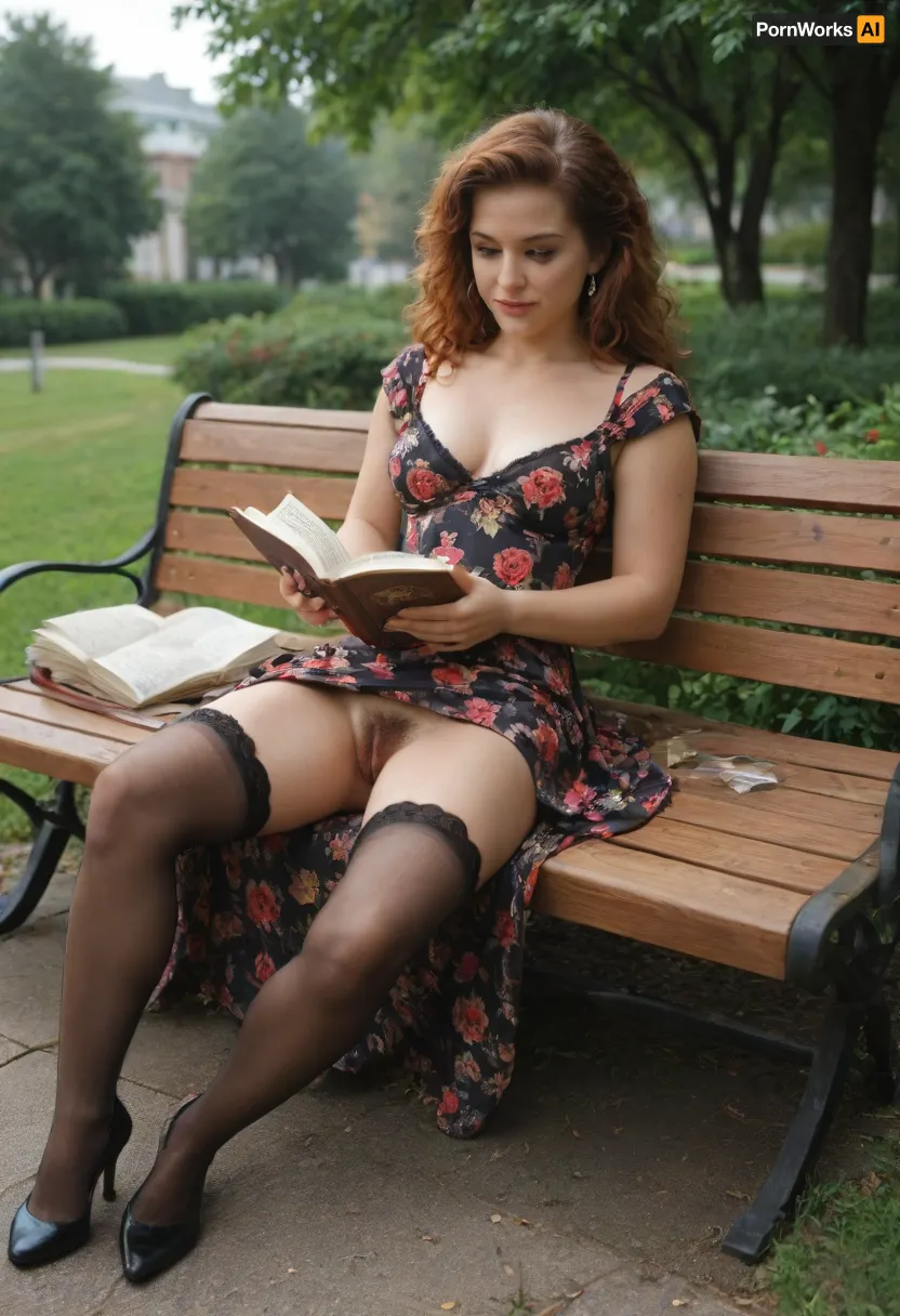 voyeur shot, redhead woman, (((reading a book))), 1980s, legs crossed, (laying on a bench, in a park, on the belly), full body view, ((hairy pussy)), 1970s pinup model, in the Moscow, USSR Epoch, in Moscow park, evening, pin up, beautiful dress, in the ussr, Happy woman, In stockings, retro style, professional modelshoot style 8k high definition, floral, print, 1shoulder, dress, no, bra
