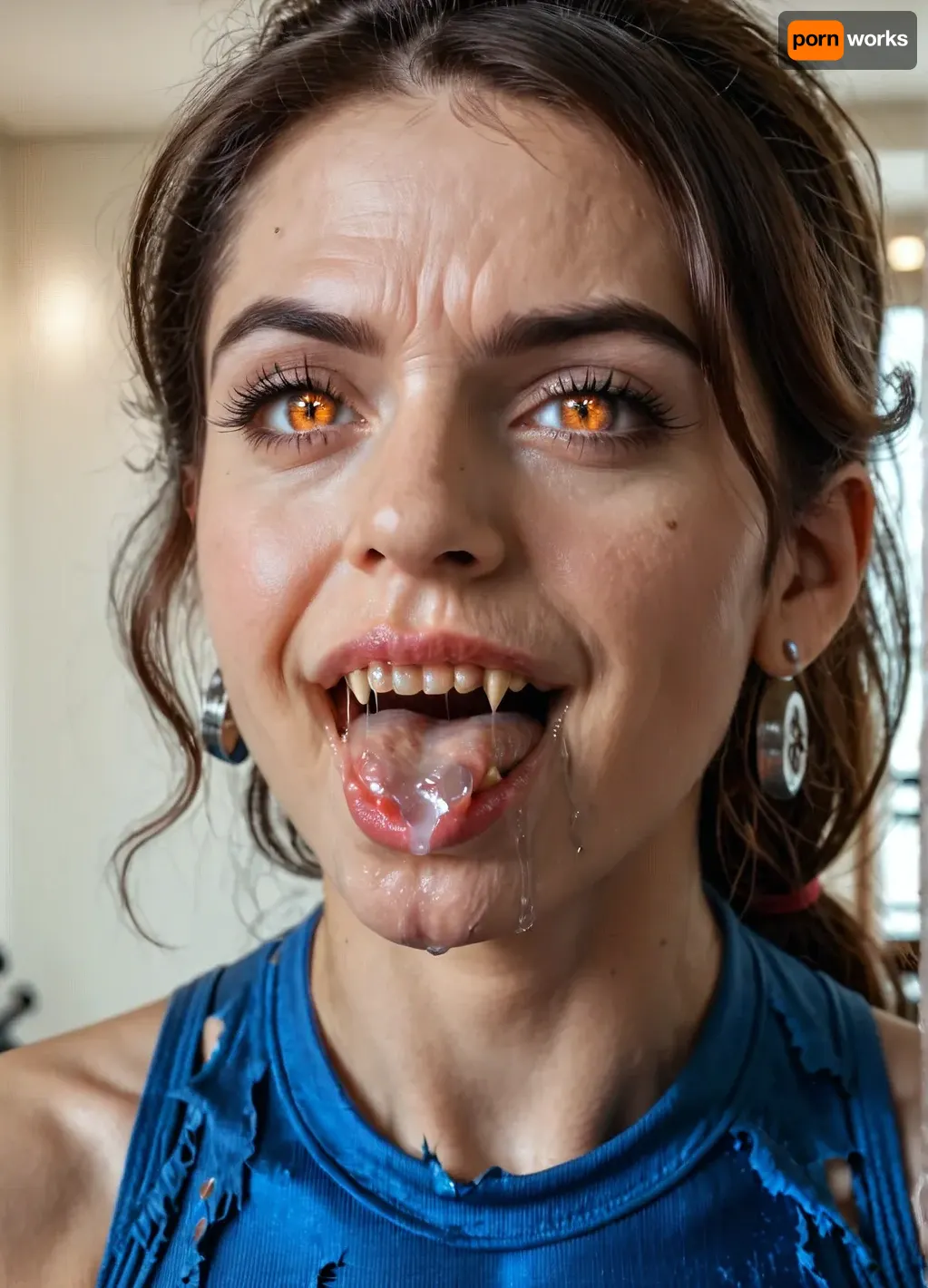 masterpiece, realistic, detailed, photorealistic, good lighting, pale veiny sexy fit milf, (dragon curse:1.13), ((cursed veins), (detailed bulging vein texture:1.13)), (possessed:1.15), (drooling saliva from her mouth:1.2), (dragon eyes), (very torn clothes:1.2), in a gym, (growing sharp dragon fangs), <lora:SDXL_Human_Male_Furry_Female:.8> masterpiece, realistic, detailed, photorealistic, good lighting, pale veiny sexy fit milf, (dragon curse:1.13), ((cursed veins), (detailed bulging vein texture:1.13)), (possessed:1.15), (drooling saliva from her mouth:1.2), (dragon eyes), (very torn clothes:1.2), in a gym, (growing sharp dragon fangs), <lora:SDXL_Human_Male_Furry_Female:.8>