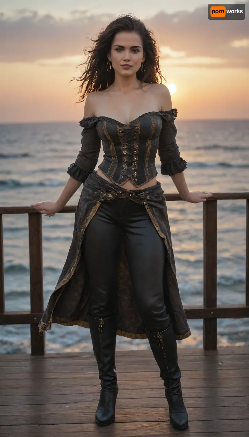 A sultry pirate woman standing on the deck of a weathered ship at sunset. She has long, windblown hair, a teasing smirk, and wears a fitted corset with gold trim, leather pants, thigh-high boots, and a sash with a flintlock pistol. Her confident stance and exposed shoulder hint at danger and allure. The ocean glistens behind her as a tattered black flag waves overhead, full body view