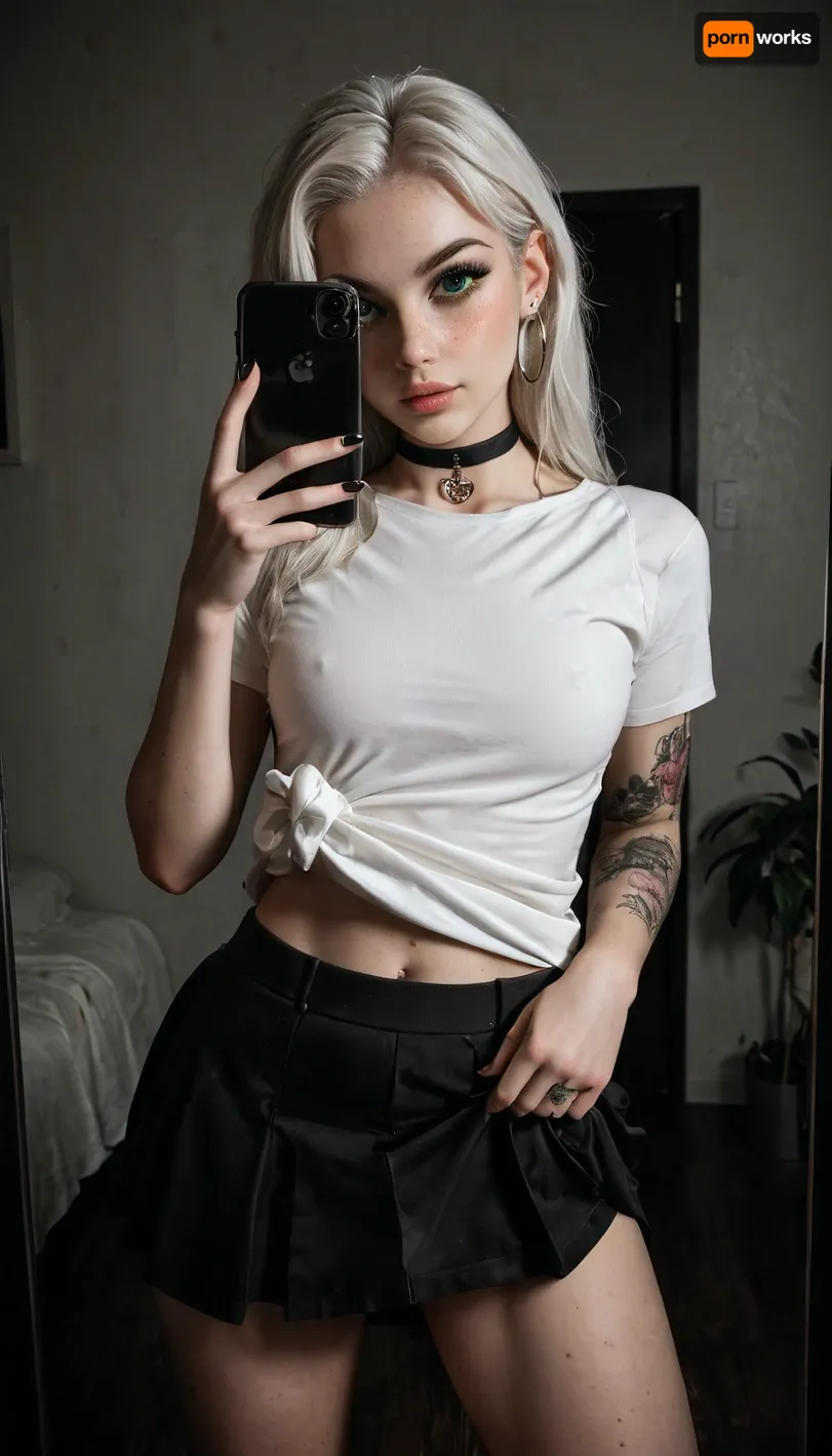 1 girl, 21 years, white hair, green eyes, freckles, iphone, mirror, selfie, holding, alt fashion, iPhone, alternative fashion, piercing, choker, long eyelashes, arrows on the eyes, cosmetics, mascara, short skirt, skirt lift, lift with one hand lifts the skirt, skirtlift, <lora:skirtlift_xl:.5>, <lora:dark:.6>, <lora:dvr-shrp:.8>, <lora:Image Enhancer XL Extreme v1:.8>, <lora:Rawfully Stylish v0.2_epoch_20:.7>