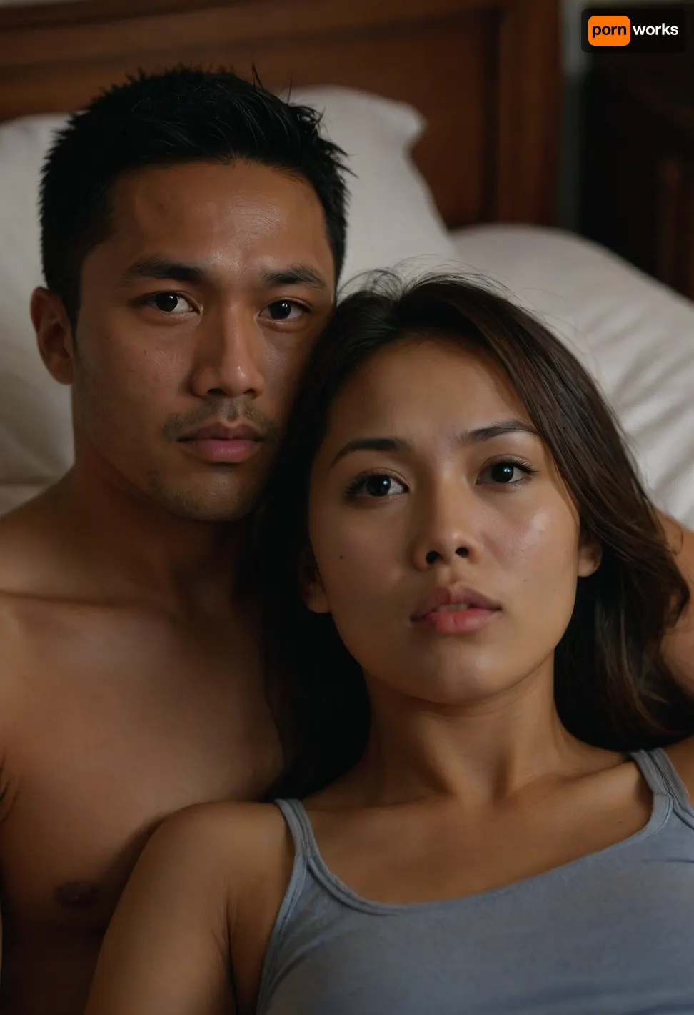 romantic vibes, intimate sex between newly wed man and woman, front view of the woman, half body view, woman looking at the viewer camera in sad face

The woman is named Sherina Putri, beautiful 30 years old woman, ((dark brown skin)), southeast asian, indonesian, malaysian, well-built, chubby face, mouth closed tight, medium-breasts, black fine medium-hair, woman with bareface, no makeup, blushing woman, dark room, dim backlit, woman with black tank top and hotpants, woman has slightly sad & confused expression The man is Kevin Lee, manly Korean male with fuckboy look. The man is showing his athletic body, flat chest, six-pack, ((man with huge penis bulge)), man wearing gray tight shorts, (CFNM), (((Woman's head is fully facing viewer))), Woman is cuddling with a man on the bed

Dramatic movie aesthetic, High contrast dark vibe, <lora:Movie_aesthetic_XL:.8>, <lora:CinematicStyle_v1:.8>