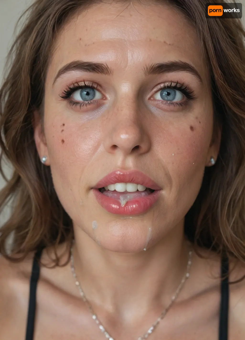 (one person), (milf:1.2), (mature:1.2), (wrinkles:1.2), (wide open mouth), (narrow face:1.1), wide jaw, wide cheekbones, snub-nosed, (sharp face features:1.1), big eyes, (wide open eyes), messy hair, lush hair, wild hair, (dark pink lipstick), (ruined makeup:1.1), (big lips), (wide mouth), cum dripping, (drooling), spitbubbles, spitstring, (tears), black bra, (facial:1.2), (cum covered face:1.2), necklace, (cum overflow), (sweat), cum on face, cum on hair, cum on eye, (wet hair), (sticky face), (bukkaked), (close up:1.1), cuckold, wife, pov cumkiss, insane look, wicked smile, (lips forward), (open mouth), (mouth full of cum), (tongue out:1.2)