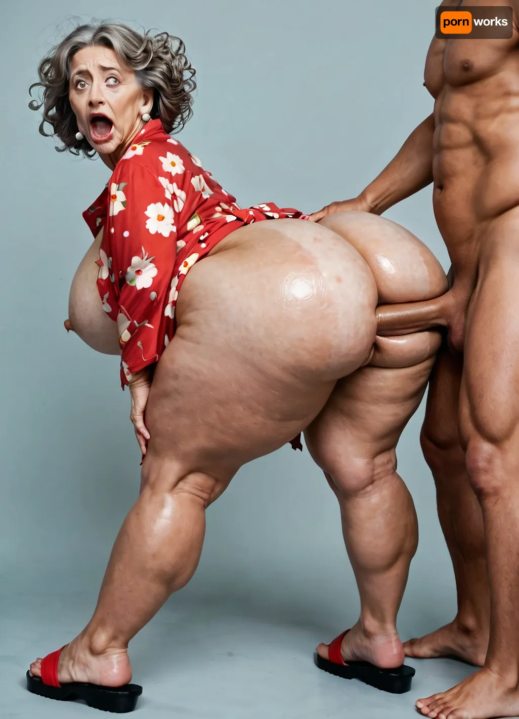ultra realistic, side view, very old 80 years old woman, a black muscular man is sodomizing her doggystyle, doggystyle anal sex, grandmother is assfucked by a muscular black man, anal sex, perfect handjob, realistic handjob, grandmother has a square body shape, obese, bulging buttocks, massive round cheeks, bouncing butt, big fat obese mature grandmother, smooth wet shiny skin, very old, fat, plump, ripped torn bathrobe, intricate details, unbuttoned, sandals, messy dirty hair, oversized rounded butt, good hands, perfect fingers, oversized hips, super big round butt, ((super rounded butt, gigantic curvy butt)), ohwx25, woman, very surprised, disgusted, upset, detailed mouth, detailed scared face, Endless_Up_SDXL_Neg, PEOPShockedFace, shocked, face, eyes, popping, out, mouth, open, anime, cartoon, <lora:PE_OP_ShockedFaceMeme:1.5>