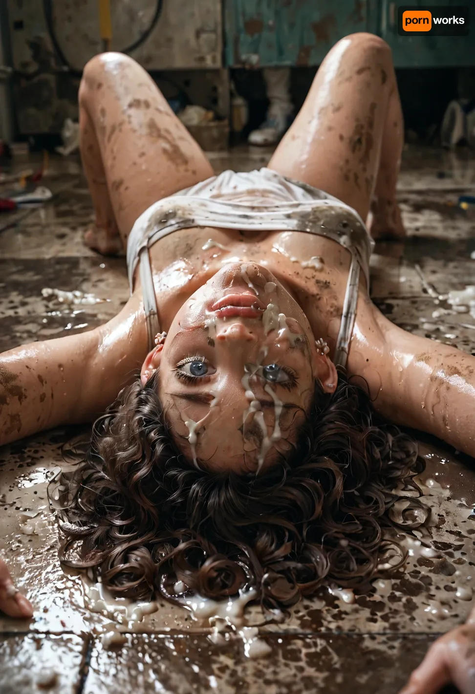 Girl lying on a dirty floor, she was gang-raped multiple times and for hours and so she looks, there is cum from at least 30 men on her.