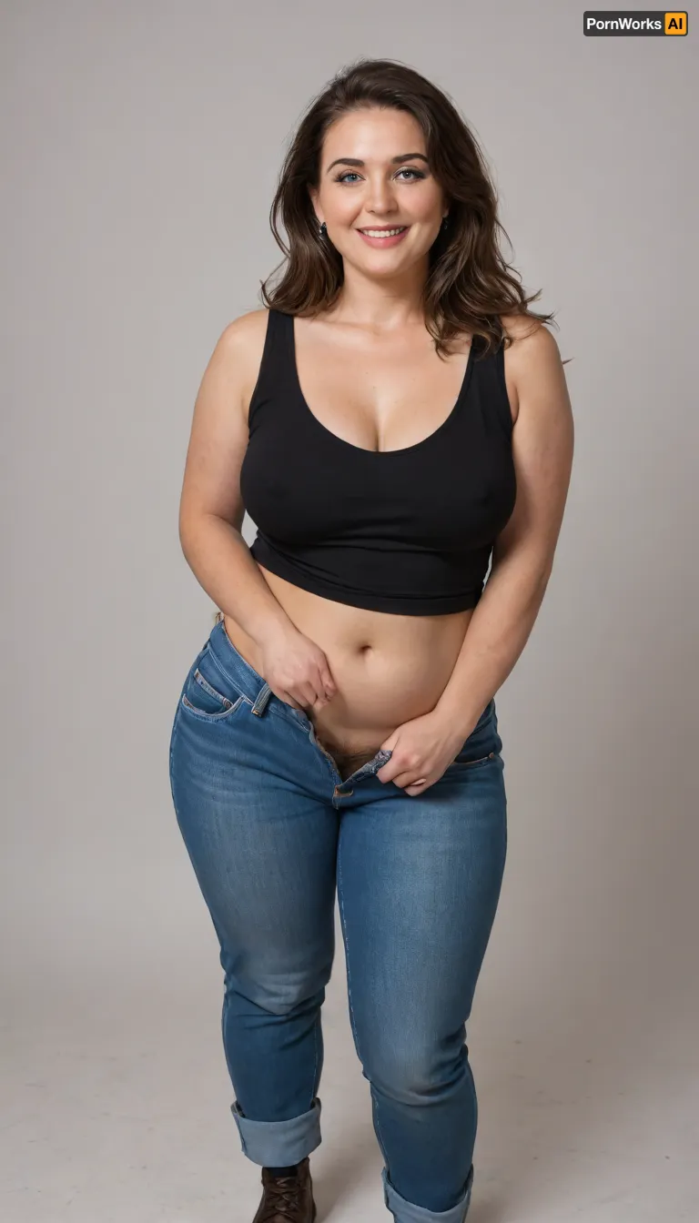 This striking full-body portrait, meticulously presents a mature, Armenian, very obese, (chubby), (gilf), 60 years old. Her presence dominates the frame against a stark and unassuming plain black backdrop, ensuring all attention is directed towards her.
Her face is a compelling focal point, showcasing soft, mature features. Her skin has wrinkles, possessing a natural, even complexion that hints at a life well-lived. There are subtle suggestions of maturity around her striking light blue eyes, which are the windows to a confident and knowing gaze directed straight at the viewer. Her facial expression is inviting, marked by a sexy and authentic smile that subtly lifts her big, plump, and juicy lips, teeth showing, lips parted. The contours of her face are soft, lacking harsh lines, contributing to her approachable demeanor.
Framing her face is her long, brunette hair, which cascades over her shoulders with a natural wave. Interspersed within the brunette are distinct and visible streaks of gray, unequivocally signaling her mature age and adding a touch of distinguished elegance to her appearance. Her hair is styled with a simple part slightly to her right, allowing it to fall naturally and frame her face softly. Long hair.
Her body is plump and has a curvaceous figure, obese. Her mature physique is evident in several key areas, wide hips that suggest a feminine silhouette, a noticeable fupa, which is a roll of fat in the upper pubic area, a chubby pelvis, and a plump waist, all contributing to her substantial and womanly form. Her breasts are presented in a realistic manner, appearing saggy due to age and gravity. The thin fabric of her t-shirt allows for the distinct outline of her nipples to be visible, indicating the absence of a bra and adding to the naturalism of the portrayal. Braless.
She is comfortably dressed in a form-fitting, sleeveless v-neck t-shirt in a solid, medium heather gray color. The fabric appears to be a thin cotton material, which subtly clings to her curves, further emphasizing her plump figure. The v-neck cut is notably deep, drawing the viewer's eye to her décolletage, a classic area of mature feminine allure. Below the hem of the t-shirt, the top portion of what seems to be high-waisted blue jeans are unbuttoned and unzipped, open, pubic hair is visible, suggesting a casual yet comfortable style. Her pants are form fitting, providing a slight definition to her ample midsection, and curves. Unzipped jeans.
Her hands are positioned near her breasts, conveying a relaxed and natural posture. On her left hand ring finger, she wears a prominent wedding ring featuring a big, sparkling diamond, blue eyes, downblouse, nipslip, <lora:RealDownblouseXL2:.8>