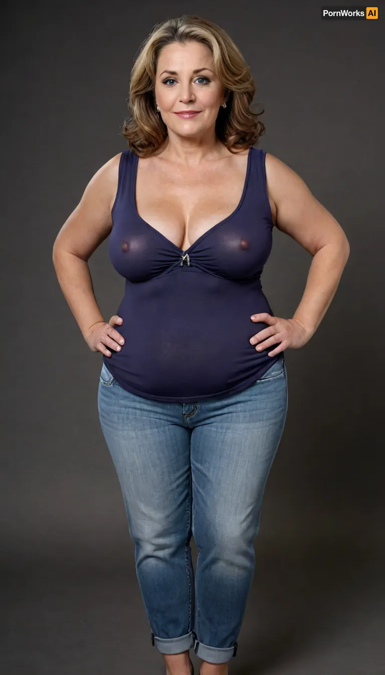 1/3 side view, This striking full-body portrait, meticulously presents a mature, Armenian, very obese, (chubby), (gilf), 60 years old. Her presence dominates the frame against a stark and unassuming plain black backdrop, ensuring all attention is directed towards her.
Her face is a compelling focal point, showcasing soft, mature features. Her skin has wrinkles, possessing a natural, even complexion that hints at a life well-lived. There are subtle suggestions of maturity around her striking light blue eyes, which are the windows to a confident and knowing gaze directed straight at the viewer. Her facial expression is inviting, marked by a sexy and authentic smile that subtly lifts her big, plump, and juicy lips, teeth showing, lips parted. The contours of her face are soft, lacking harsh lines, contributing to her approachable demeanor.
Framing her face is her long, brunette hair, which cascades over her shoulders with a natural wave. Interspersed within the brunette are distinct and visible streaks of gray, unequivocally signaling her mature age and adding a touch of distinguished elegance to her appearance. Her hair is styled with a simple part slightly to her right, allowing it to fall naturally and frame her face softly. Long hair.
Her body is plump and has a curvaceous figure, obese. Her mature physique is evident in several key areas, wide hips that suggest a feminine silhouette, a noticeable fupa, which is a roll of fat in the upper pubic area, a chubby pelvis, and a plump waist, all contributing to her substantial and womanly form. Her breasts are presented in a realistic manner, appearing saggy due to age and gravity. The thin fabric of her t-shirt allows for the distinct outline of her nipples to be visible, indicating the absence of a bra and adding to the naturalism of the portrayal. Braless.
She is comfortably dressed in a form-fitting, sleeveless v-neck t-shirt in a solid, medium heather gray color. The fabric appears to be a thin cotton material, which subtly clings to her curves, further emphasizing her plump figure. The v-neck cut is notably deep, drawing the viewer's eye to her décolletage, a classic area of mature feminine allure. Below the hem of the t-shirt, the top portion of what seems to be high-waisted blue jeans are unbuttoned and unzipped, open, pubic hair is visible, suggesting a casual yet comfortable style. Her pants are form fitting, providing a slight definition to her ample midsection, and curves. Unzipped jeans.
Her hands are positioned near her breasts, conveying a relaxed and natural posture. On her left hand ring finger, she wears a prominent wedding ring featuring a big, sparkling diamond, blue eyes, downblouse, nipslip, auburn, <lora:RealDownblouseXL2:.3>, <lora:Older_woman_v4-000002:.8>