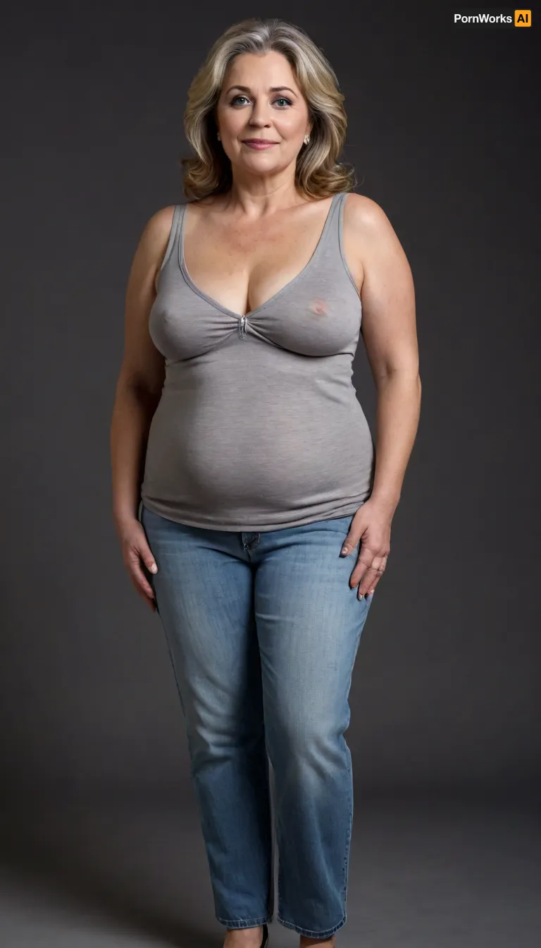 1/3 side view, This striking full-body portrait, meticulously presents a mature, Armenian, very obese, (chubby), (gilf), 60 years old. Her presence dominates the frame against a stark and unassuming plain black backdrop, ensuring all attention is directed towards her.
Her face is a compelling focal point, showcasing soft, mature features. Her skin has wrinkles, possessing a natural, even complexion that hints at a life well-lived. There are subtle suggestions of maturity around her striking light blue eyes, which are the windows to a confident and knowing gaze directed straight at the viewer. Her facial expression is inviting, marked by a sexy and authentic smile that subtly lifts her big, plump, and juicy lips, teeth showing, lips parted. The contours of her face are soft, lacking harsh lines, contributing to her approachable demeanor.
Framing her face is her long, brunette hair, which cascades over her shoulders with a natural wave. Interspersed within the brunette are distinct and visible streaks of gray, unequivocally signaling her mature age and adding a touch of distinguished elegance to her appearance. Her hair is styled with a simple part slightly to her right, allowing it to fall naturally and frame her face softly. Long hair.
Her body is plump and has a curvaceous figure, obese. Her mature physique is evident in several key areas, wide hips that suggest a feminine silhouette, a noticeable fupa, which is a roll of fat in the upper pubic area, a chubby pelvis, and a plump waist, all contributing to her substantial and womanly form. Her breasts are presented in a realistic manner, appearing saggy due to age and gravity. The thin fabric of her t-shirt allows for the distinct outline of her nipples to be visible, indicating the absence of a bra and adding to the naturalism of the portrayal. Braless.
She is comfortably dressed in a form-fitting, sleeveless v-neck t-shirt in a solid, medium heather gray color. The fabric appears to be a thin cotton material, which subtly clings to her curves, further emphasizing her plump figure. The v-neck cut is notably deep, drawing the viewer's eye to her décolletage, a classic area of mature feminine allure. Below the hem of the t-shirt, the top portion of what seems to be high-waisted blue jeans are unbuttoned and unzipped, open, pubic hair is visible, suggesting a casual yet comfortable style. Her pants are form fitting, providing a slight definition to her ample midsection, and curves. Unzipped jeans.
Her hands are positioned near her breasts, conveying a relaxed and natural posture. On her left hand ring finger, she wears a prominent wedding ring featuring a big, sparkling diamond, blue eyes, downblouse, nipslip, <lora:RealDownblouseXL2:.8>