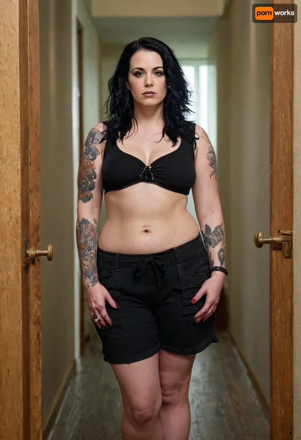 39 year old Caucasian woman, GOTH WOMAN, dressed casually, ((hourglass figure)), ((curvy body)), ((pale smooth skin)), jet-black hair worn in cascading waves, no makeup, sharp cheekbones, ((black occult tattoos)), tired eyes, occasional scowl, old worn-out tank tops, loose low-cut shorts, fuzzy slippers, standing in an apartment building hallway