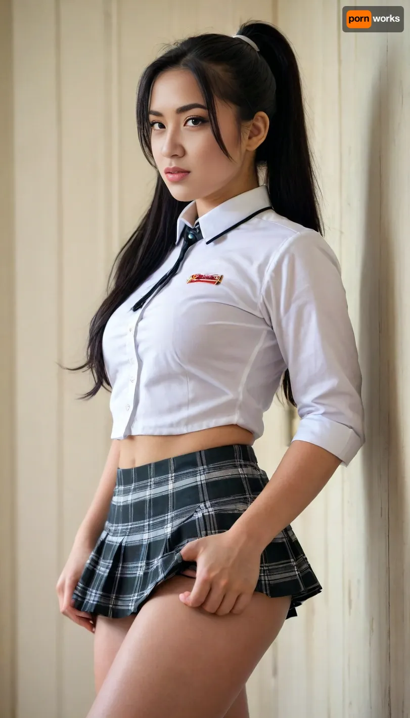 ((asian, Vietnamese, long black hair in a ponytail, Catholic schoolgirl uniform)), ((showing washboard abs)), curvy little chubby, white panties, white thong, pleated plaid skirt, leaning on wall, sexy, seductive face, ((no panties)), large-sized saggy breasts, pov, eyeliner, ((moaning)), big plump ass, ((shirt pulled down)), <lora:SDXLHighDetail_v6-000005:.5>, <lora:710302_training_data:.9>