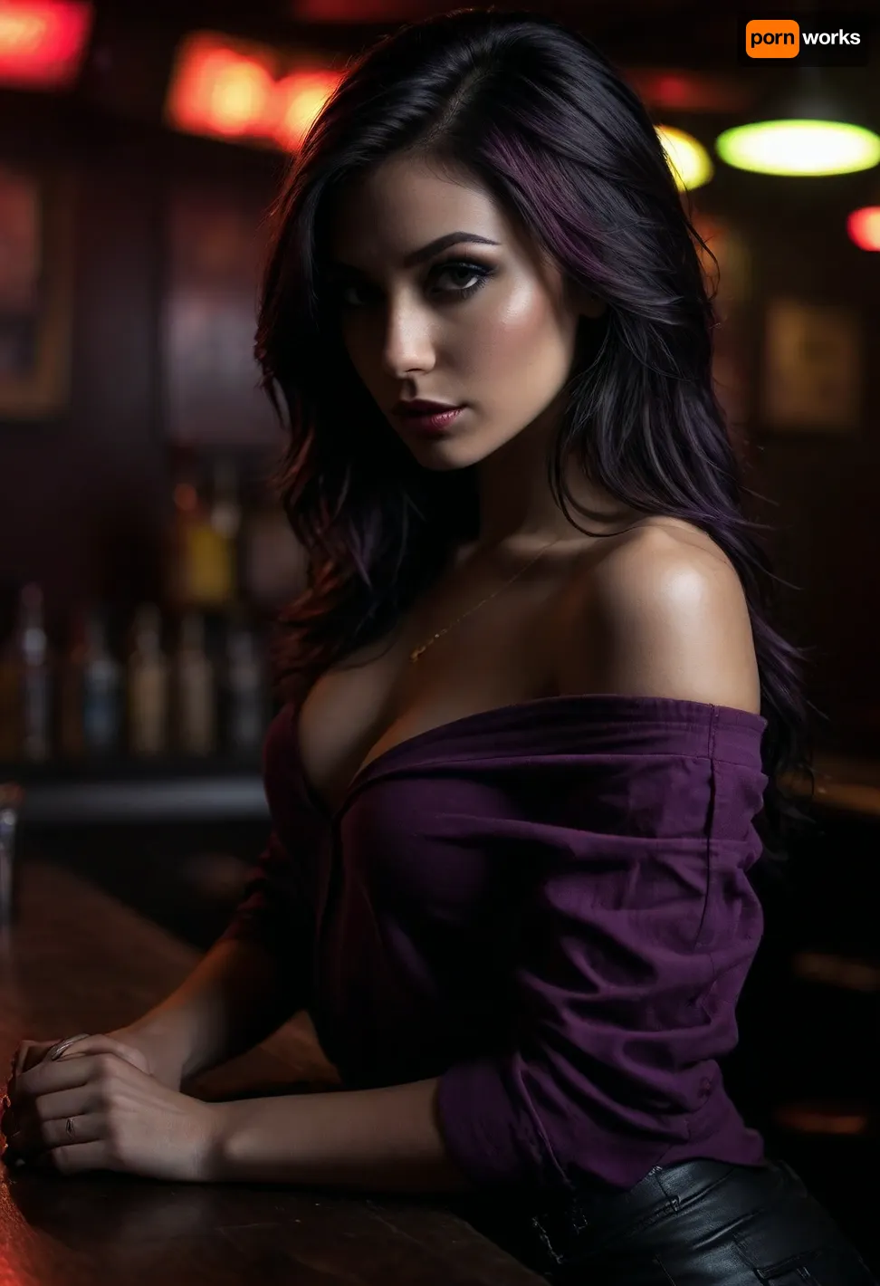 neonpunk style, (25 year old bartender), small tits, (leaning forward over the bar), leaning towards you, hands on the bar, pretty face, long black hair, (loose off the shoulder top), (looking down shirt), seductive, horny expression, dive bar, punk style, cyberpunk, vaporwave, neon, vibes, vibrant, crisp, hyper realistic, sleek, magenta highlights, dark purple shadows, <lora:attractive_notrigger:.5>, <lora:dark:.3>