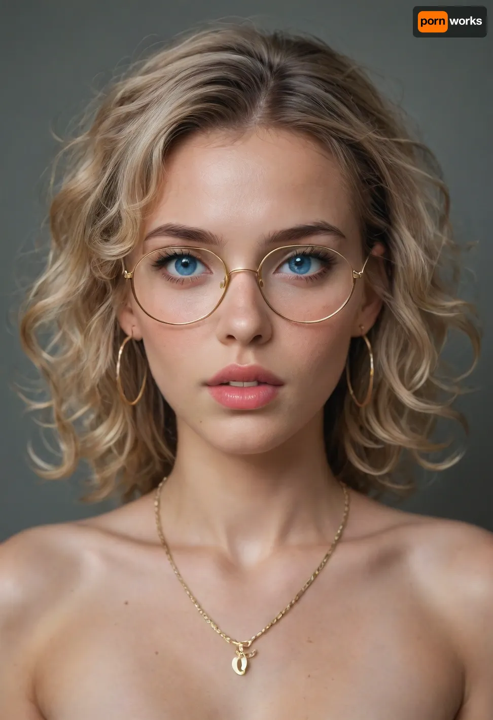 ultra high details, (((detailed face))), hyper realistic, masterpiece, realism, ultra realism, UHD 8K, best quality, natural light, Petite 18 year old girl, very small body, very skinny, small innocent face, skinny petite body, ((blue eyes)), eyes makeup, narrow hips, ((blond hair)), very small curly blond hair, ((voluminous hair)), african curly, hoops earrings, eye-liner, mascara, pink lipstick, perfect teeth, big gold glasses, thick lips, necklace, round face, she sticks out her tongue