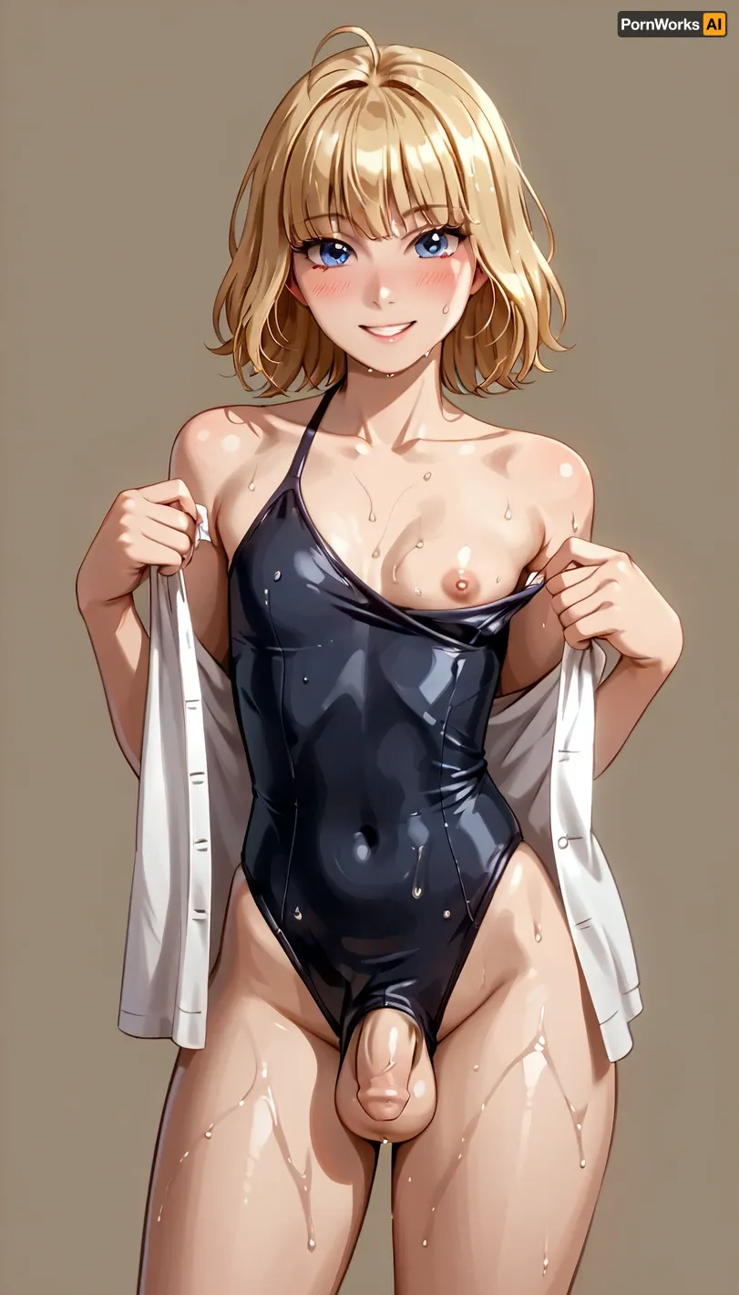 Trans, blond hair, pony tail, standing in relaxed pose, looks not at the viewer, skinny body, tight black swimsuit, thicc thighs, ((flaccid penis bulge in her swimsuit, penis bulge, a bit wet penis)), smiling, perky breasts, flashing one breast, looking at viewer, solo, femboy, blush, trap, curvy body, one, breast, out, Trfut, flac-futa, flac-penis, photo, artwork, <lora:NEOTOKIOXL_0.2_RC:.9>, <lora:one breast out XL:1>, <lora:SDXLlora4flFut-000014:.8>