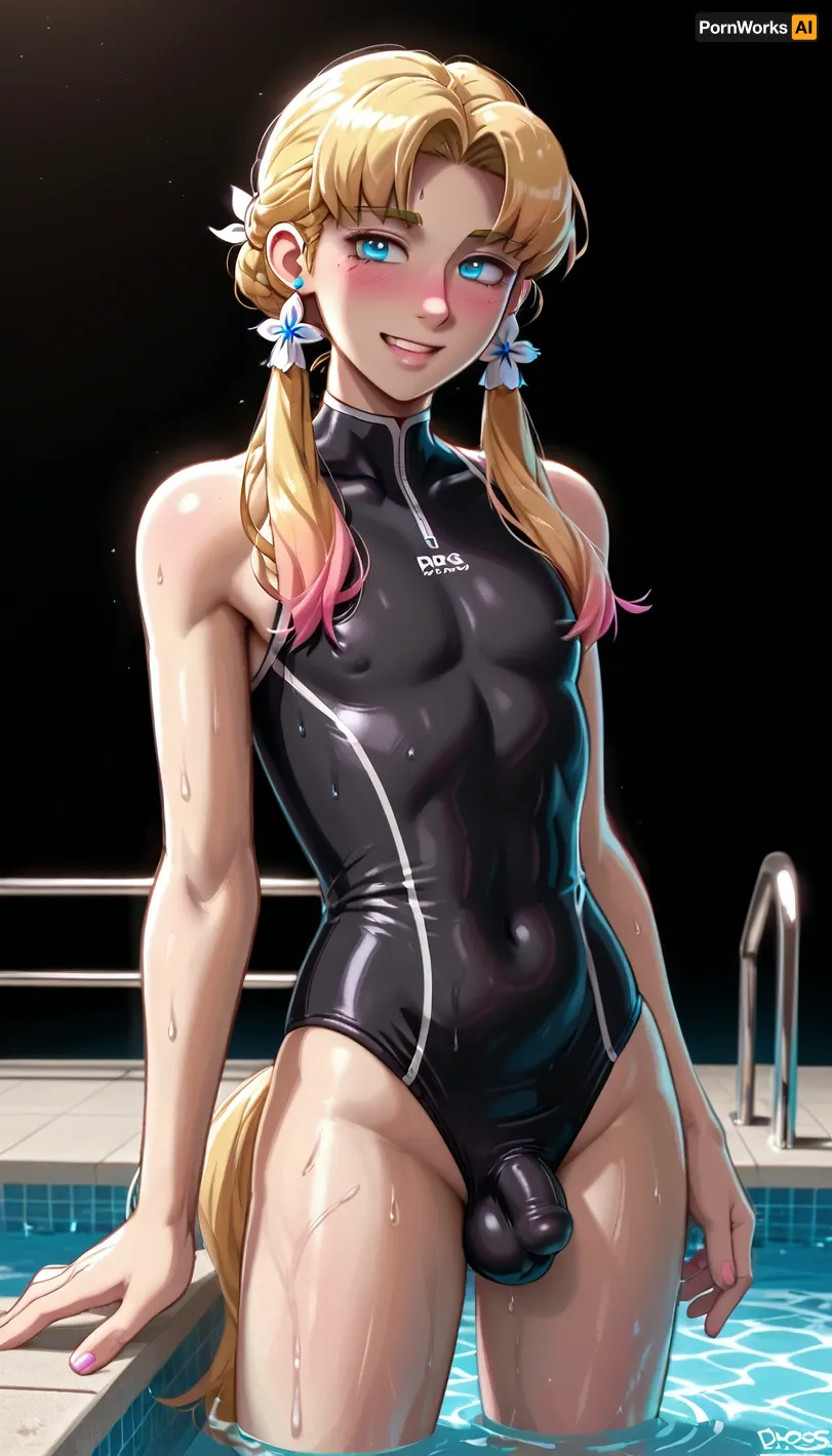 Dross style, Trans, blond hair, pony tail, standing in relaxed pose, looks not at the viewer, skinny body, tight black swimsuit, thicc thighs, ((small erect penis bulge in her swimsuit, penis bulge, a bit wet penis)), smiling, small breasts, looking at viewer, solo, femboy, blush, trap, curvy body, <lora:209970_training_data:.9>, <lora:Murano_Glass_Style:.5>, <lora:FutaCockXL:.5>