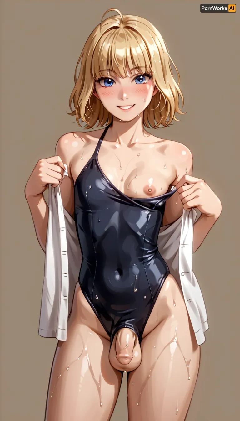 Trans, blond hair, pony tail, standing in relaxed pose, looks not at the viewer, skinny body, tight black swimsuit, thicc thighs, ((flaccid penis bulge in her swimsuit, penis bulge, a bit wet penis)), smiling, perky breasts, flashing one breast, looking at viewer, solo, femboy, blush, trap, curvy body, one, breast, out, Trfut, flac-futa, flac-penis, photo, artwork, <lora:NEOTOKIOXL_0.2_RC:.9>, <lora:one breast out XL:1>, <lora:SDXLlora4flFut-000014:.8>