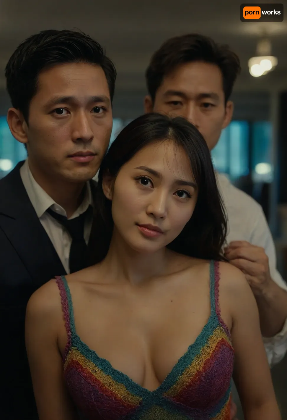 Exactly 1 woman and 1 man

Female is Wulan, a beautiful 30 years old indonesian woman. The woman is showing her medium breast cleavage. Tied fine black hair. Couple Selfie/Wefie view. Laceless. Tube dress. Cleavage. The man is Jung-kook, a handsome Korean male gentleman.

Dramatic movie aesthetic, focus on woman's face, male is out of focus, <lora:Movie_aesthetic_XL:.8>