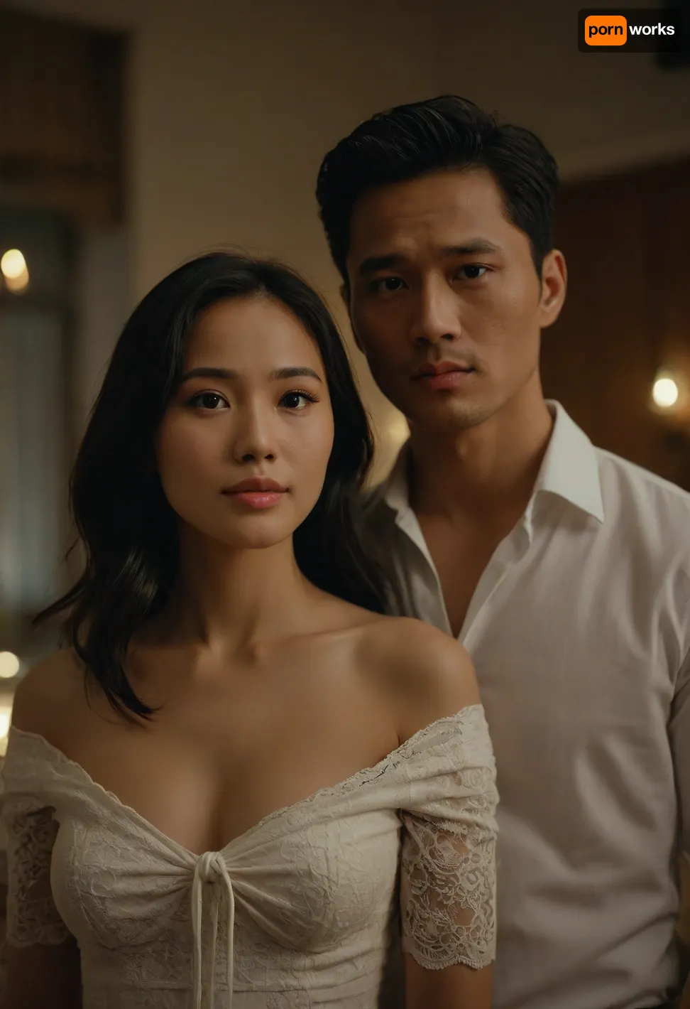 Exactly 1 woman and 1 man

Female is Wulan, an beautiful 30 years old indonesian woman. The woman is showing her medium breast cleavage. Tied fine black hair. Couple Selfie view. Braless, laceless. Mini tubedress. Bare shoulder, Cleavage. The man is Jung-kook, a handsome young Korean male gentleman.

Dramatic movie aesthetic, focus on woman's face, male is out of focus, <lora:Movie_aesthetic_XL:.8>