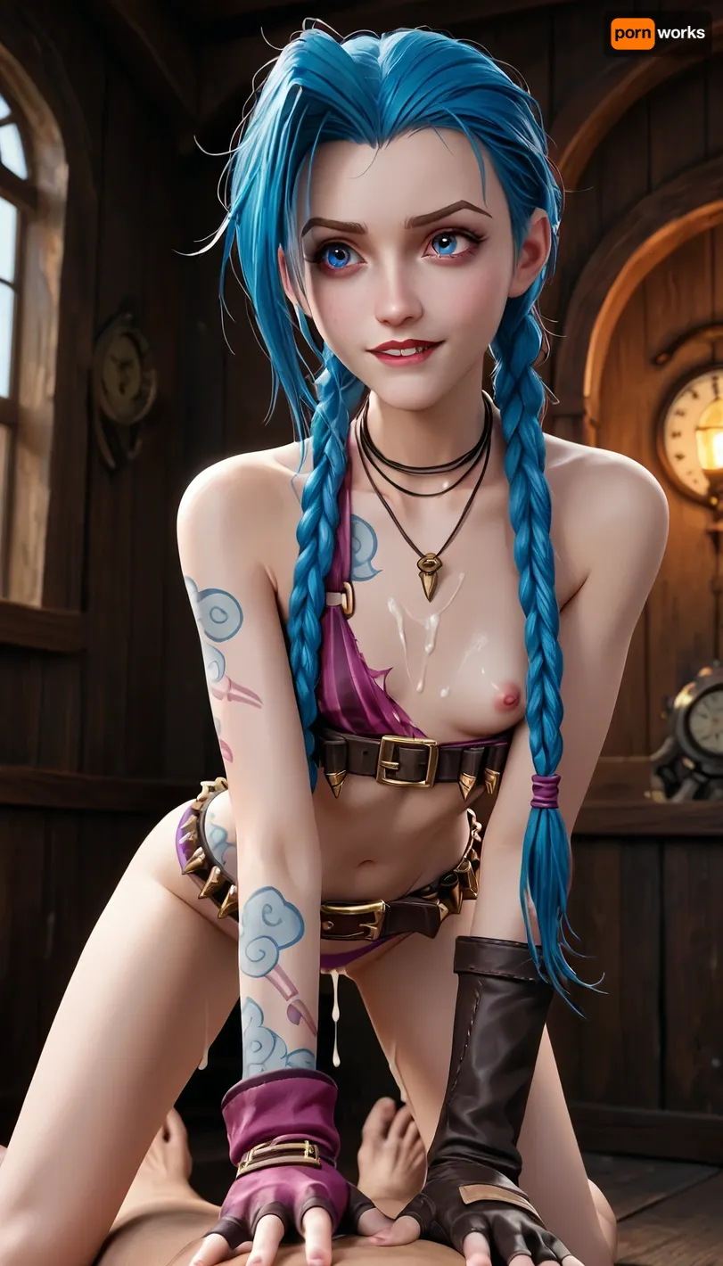Jinx from Arcane, long blue hair, slender body, small breasts, 1 girl, all fours, fucked by man, massive cock, perfect hands, innocent expression, massive cum on back, cum in pussy, orgasm, cum dripping from breasts, biting lip, one hand on breast, ripped purple Thong, naked top, Steampunk background, front view, Dark Green aura, jinx, (league, of, legends\), 1girl, solo, twin, braids, single, elbow, glove, Ripped purple Thong, necklace, belt, fingerless, gloves, <lora:arcane-xl:1>, <lora:jinx:.5>