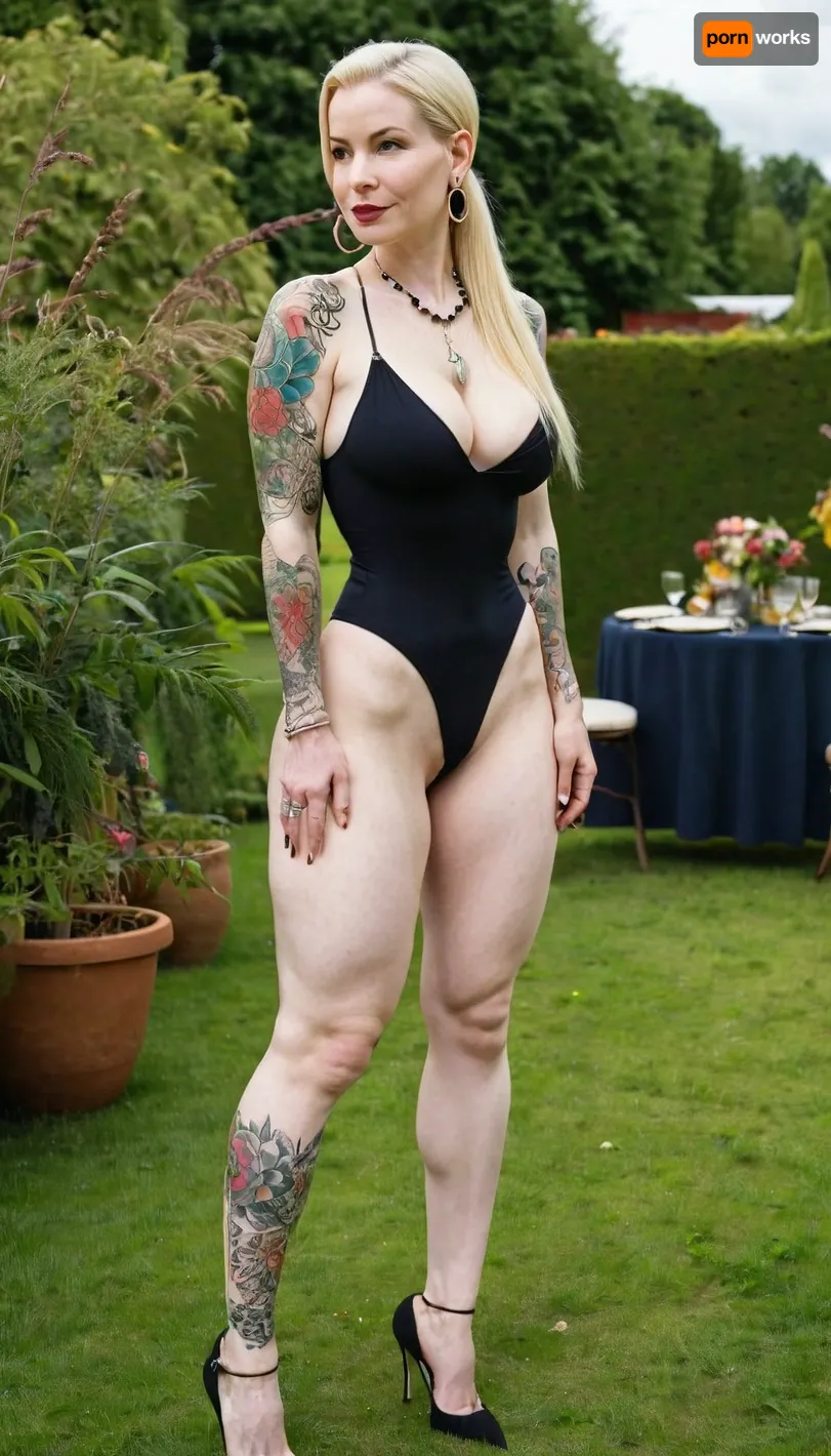 fit, (wide hips, big ass), legs, woman, slender, saggy deep cleavage, 40 yo, a lot of tattoos, pale skin, oval soft face, big earrings, blond long straight ponytail, big lips, leggins, (spaghettitop), high heels, a lot of piercings, belly pierced, nose pierced, necklace, armrings, at a gardenparty