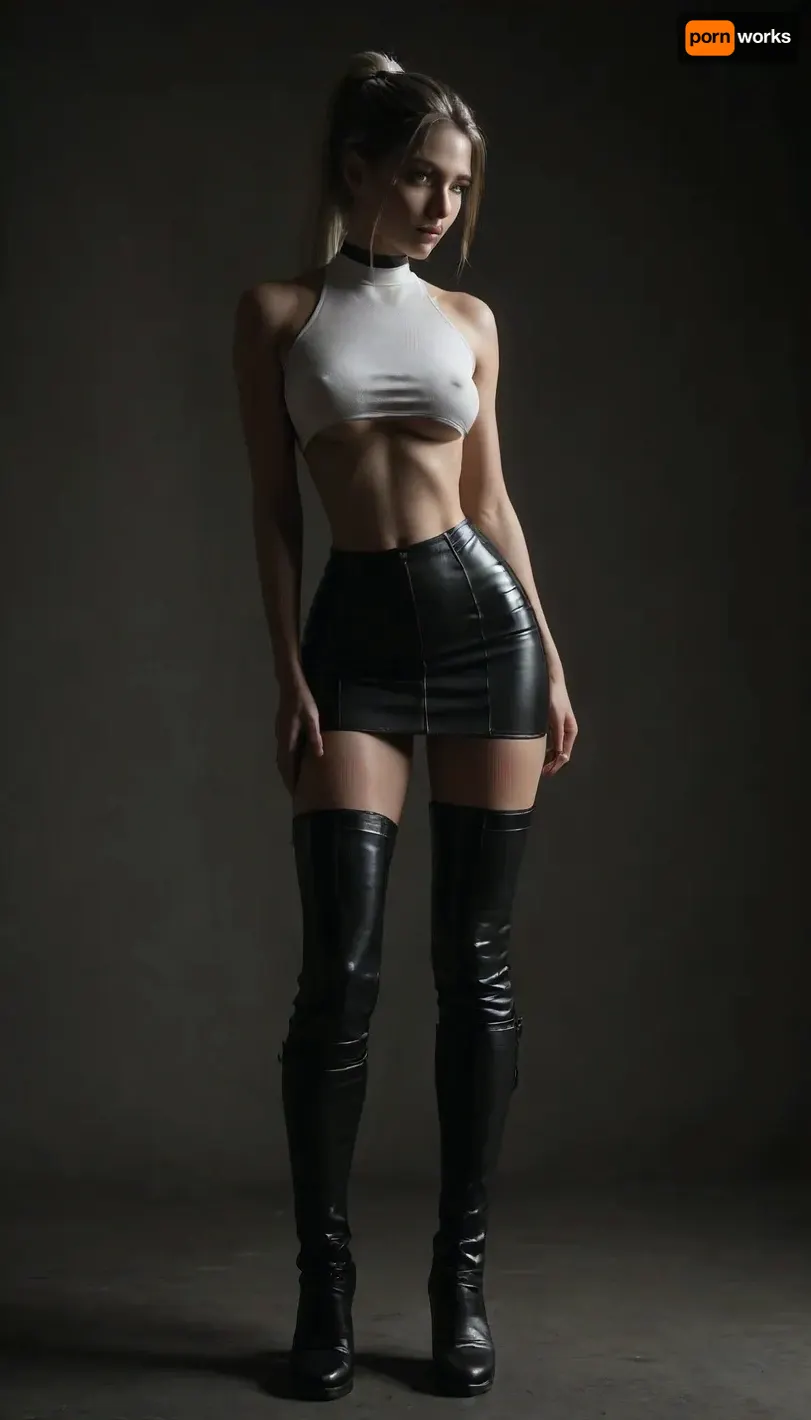 (score_7_up, score_8_up, score_9, 1girl, solo, masterpiece), sultry, seductive, seducing, alluring, intimate, sexual, horny, ((long white ponytail:1.5)), (ultra-micro skirt), 18yo girl, (athletic skin body), (narrow waist:1.4), ((hip gap)), insatiable, lustful, erotica, irresistible, ziprealism, white tube-top with underboob, (white g-strings), erected nipples, black choker, (tight-high boots:1.5), oiled skin, (latex stockings), (black background, chiaroscuro lighting:.5), <lora:sunnyrayyxo_v1_SDXLBase:.4>, <lora:dark:.4>