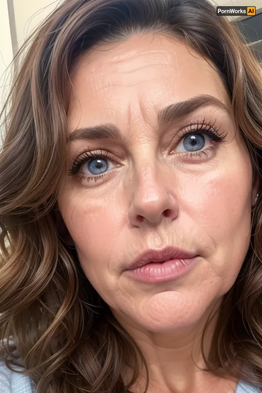 Fat 50 year old mature milf, Portrait, up close picture of face. Perfect face. wavy messy brown hair, hairy, big-eyed brunette, no makeup, sexy look natural, blue eyes, fat face
