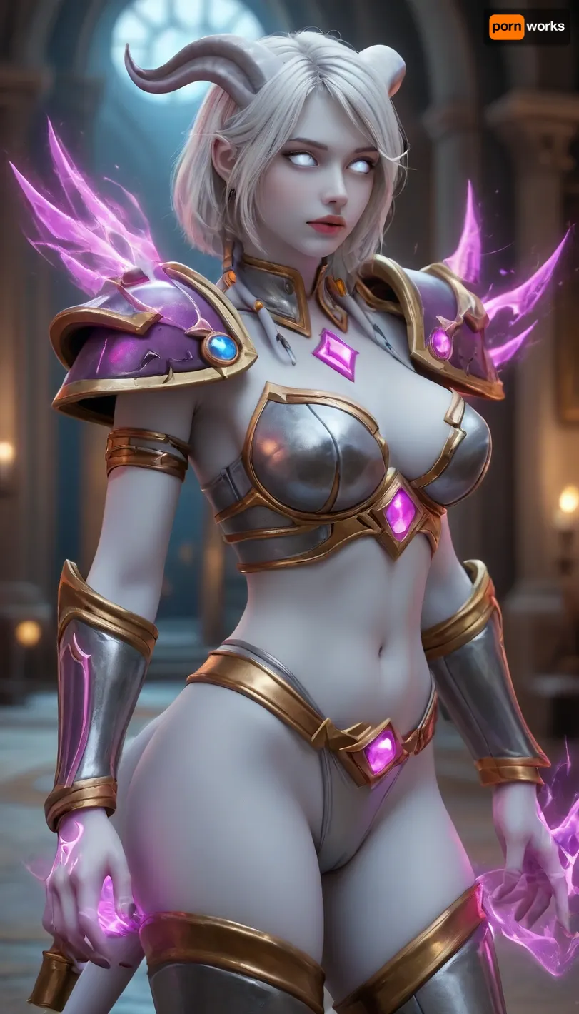 (((world of warcraft female draenei))), (((very light blue skin))), white hair, ((white eyes)), big breasts, perfect ass, (standing in stormwind), ((paladin armor)), from front, (dynamic sexy pose), ((healing spell))