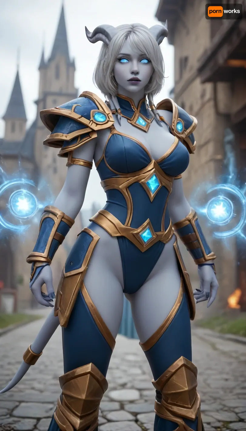 (((world of warcraft female draenei))), (((very light blue skin))), white hair, ((white eyes)), big breasts, perfect ass, (standing in stormwind), ((paladin armor)), from front, (dynamic sexy pose), ((healing spell))