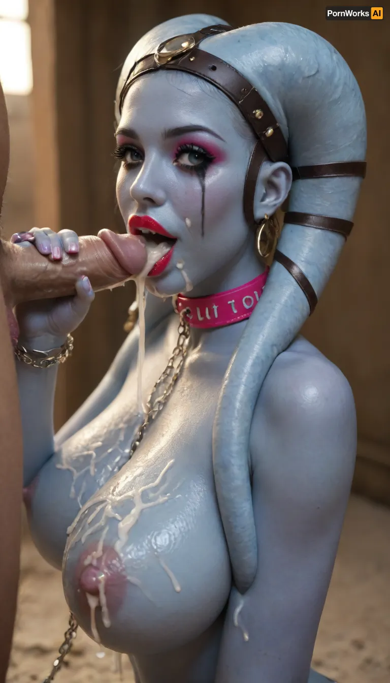 Masterpiece 3/4 portrait, (((Fwip Garsa blue skin twi’lek alien from Star Wars))), 40 years old, (((sexy twi'lek MILF))), mature, tall, slim, graceful, elegant, classy, (((completely blue skin, blue skin face))), blue skinned legs, blue skin arms, best quality, masterpiece, POV view, high resolution, rough skin, detailed eyes, (((big huge fake tits topless:1.5))), (((bdsm slave collar))), (((man pulling chain leash:1.5))), ultra deep tanned, broad shoulders, big tits, beautiful detailed eyes, depth blur, visual key, vibrant, very detailed, inside a desert adobe hotel lobby, choker, opulent jewelry, soft and warm lighting, luxury details in the background, ultra-detailed, sophisticated ambiance, smiling at the viewer, accurate hands, detailed fingers, happy smiling, (((slutty bimbo heavy eyeshadow, mascara, lipstick:1.5))), (((giving a handjob:1.5))), 1man, penis, (((angled side view))), (((excessive cum in mouth, cum dripping from face, cum on tits)))