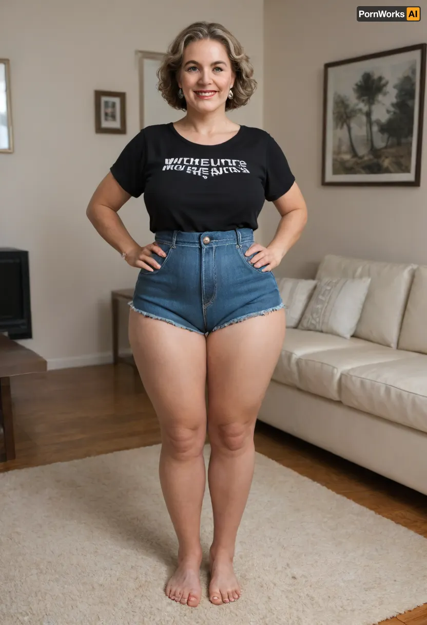 Full portrait picture of a fat mature woman, Armenian, gilf, in a living room, plump waist, fupa, cameltoe, wide hips, black t-shirt, high waist shorts, fat round face, (really saggy tits), light eyes, slicked-back hair, wide bowed lips, lips parted, smiling, laugh lines, wrinkles around eyes, drooping saggy c-cup torpedo tits, fully dressed, thick