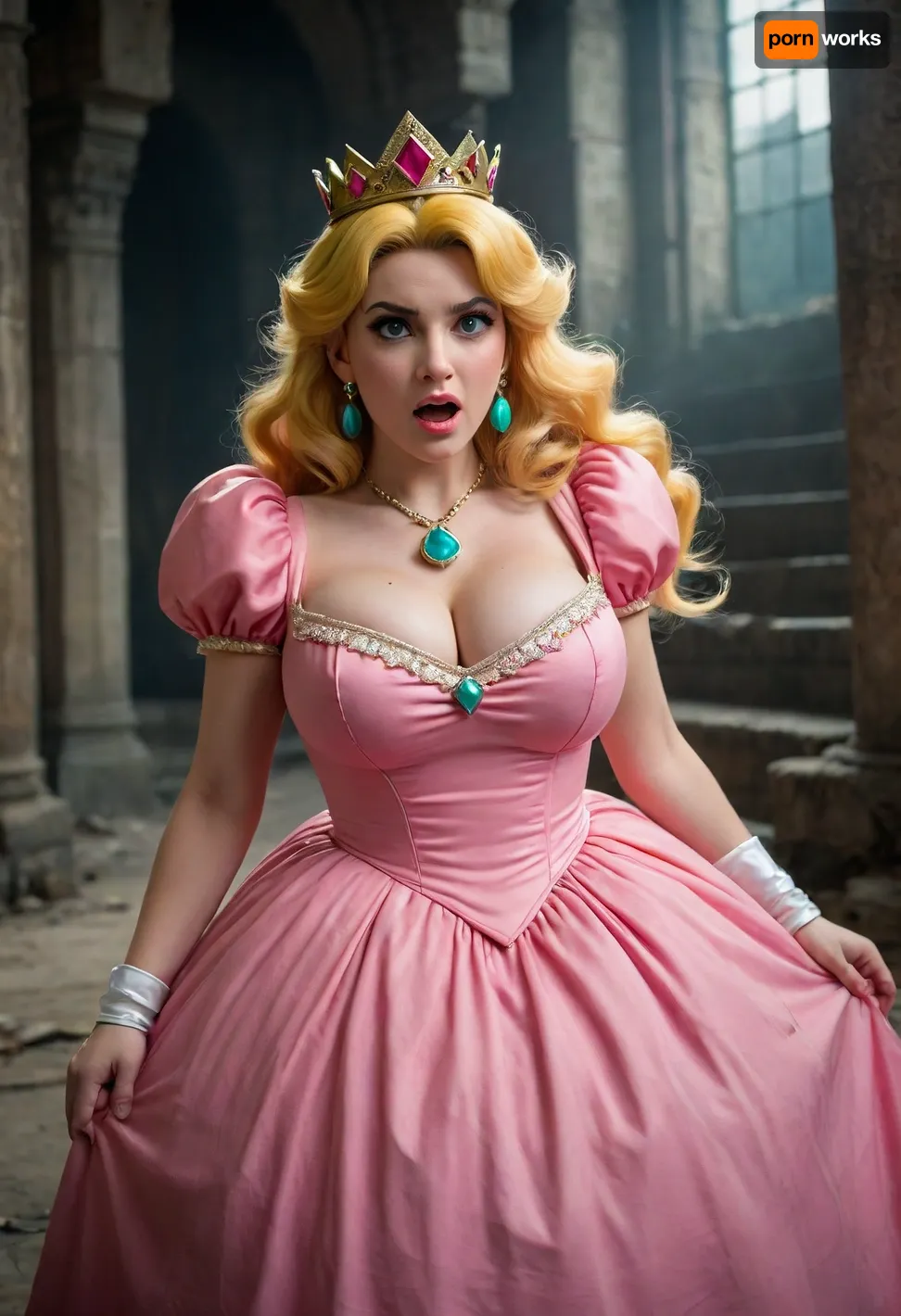 (Princess Peach), (distressed expression), pink princess dress, (((massive breasts))), ((large breasts tearing dress)), crown on head, yellow hair, dark gray/brown dungeon-like setting, teal gem on chestpiece, frustration/anxiety in her expression.