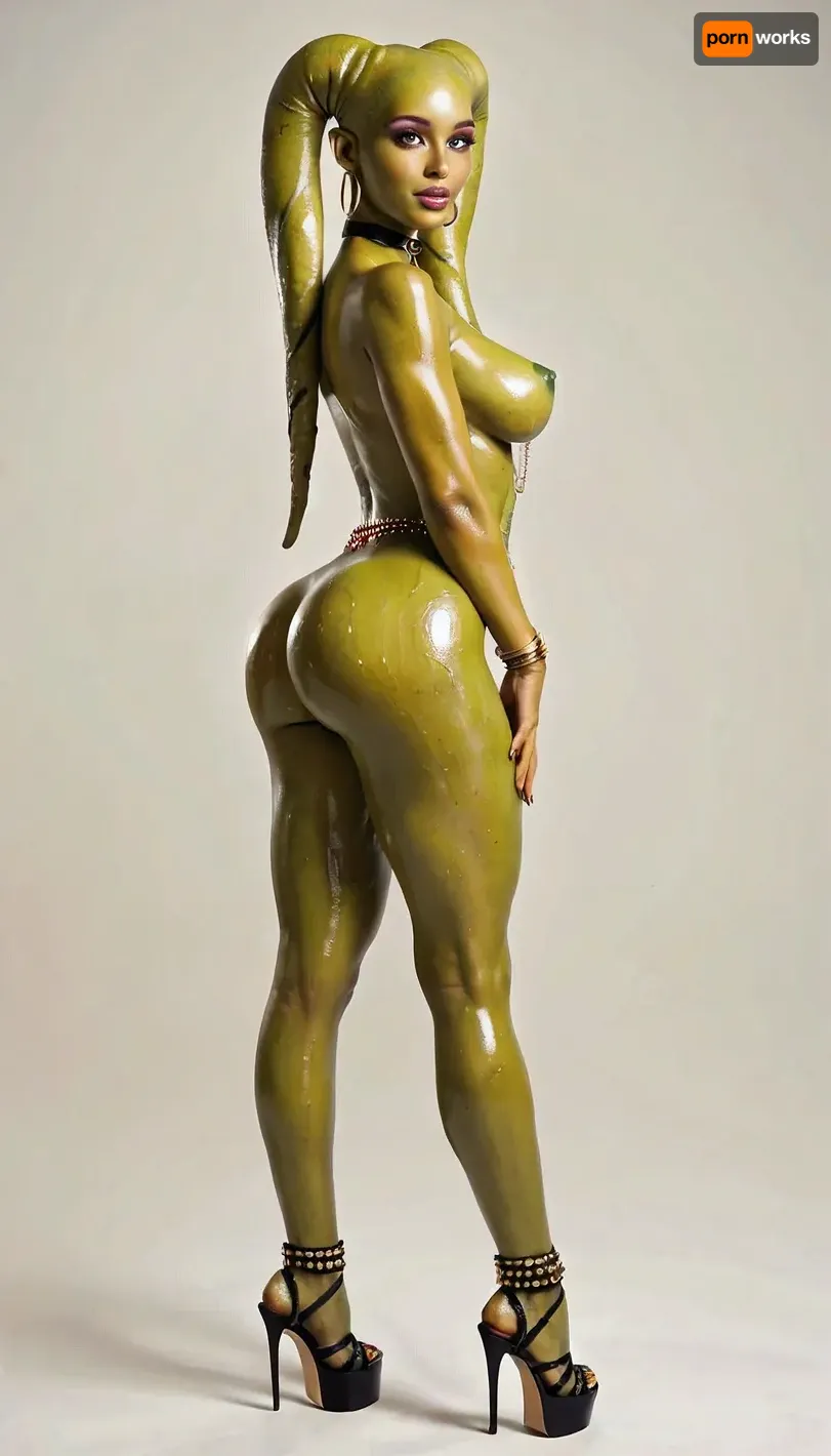 twi'lek, green skin, shaved pussy, oiled skin, exposed nipples, spreading, round ass, anklets, bangles, belly chain, high platform heels, choker, looking at viewer, full body view