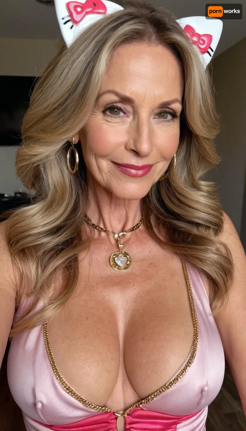 old mature, sexy 50 years old, dark blonde hair, long wave hair, glamour, big hoop earrings, necklace, thin curvy, tiny small saggy tits, very small boobs, at the fancy room, selfie, looking at the camera, naught sexy orgasm smile face, charming, very hot and horny, hello kitty costume