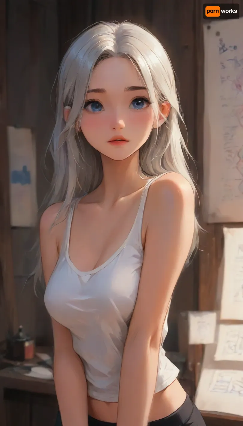white long hair, cute 18yo, (busty), girl, blue eyes, white tank top, black pantie score_9, score_8_up, score_7_up, score_6_up, (j_cartoon:1.5), Drawing, <lora:samdoesarts1.1-000030:.4>, <lora:J_cartoon:.4>, <lora:Animated_Concept:.4>
