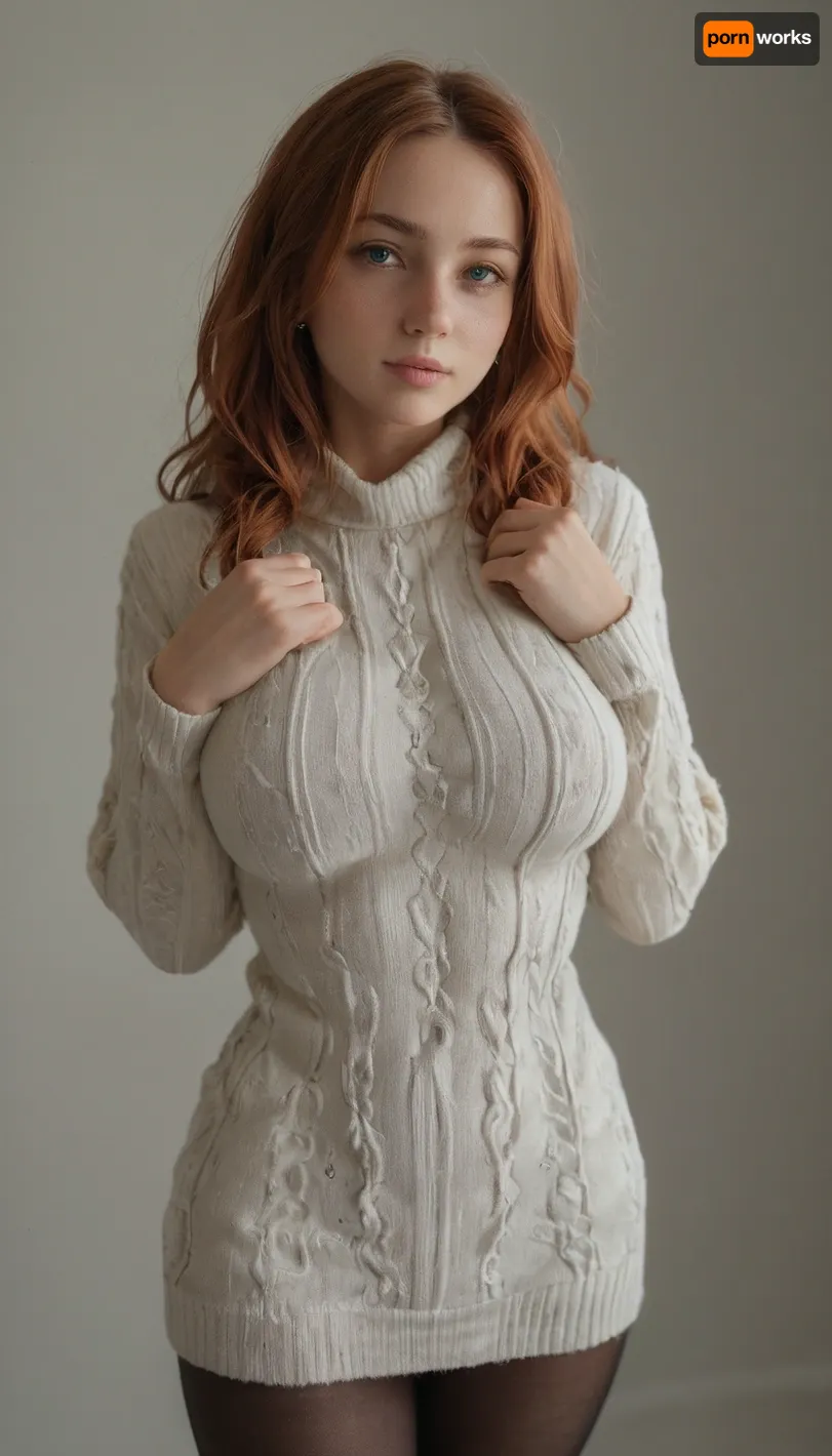 (Ultimate sweater girl with sexy tight waist and massively busty. Extremely busty:1.5), naturally perky boobs, (firm breasts:1), jiggly breasts, bouncy breasts, squishy breasts, long pigtails, cute freckled face, skinny fit body, flaunting sex appeal pose, office setting, sweaterdress, thigh high stockings, bright green eyes, red ginger hair, tight abs, abs, snug sweaterdress, thin sweaterdress, knee length sweaterdress, (sheer sweaterdress:.5), toned muscles, sexy toned fit body, exaggerated sexual curves, braless, (boobs pressed together:1), flat stomach, tight waist, sexy abs, nearly see-through dress