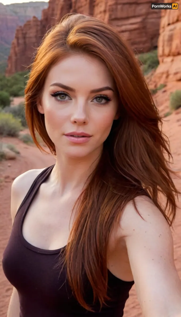 ziprealism, (score_9, score_8_up, score_7_up), (medium full shot, cowboy shot, sharp focus, focus on eyes, perfect eyes:1.2), (high saturation, vibrant colors:.4), (muscular body, muscular shoulders, biceps, wide jaw, strong jawline, high chiseled cheekbones), (playful eye contact, soft shy smile), (vibrant auburn hair with dark undertones, loose strands of hair, sporty hairstyle:1.4), (tight tank top, playful esthetic, natural lighting, scenic landscape, red rock slot canyon), igbaddie, <lora:igbaddie-XL:.4>