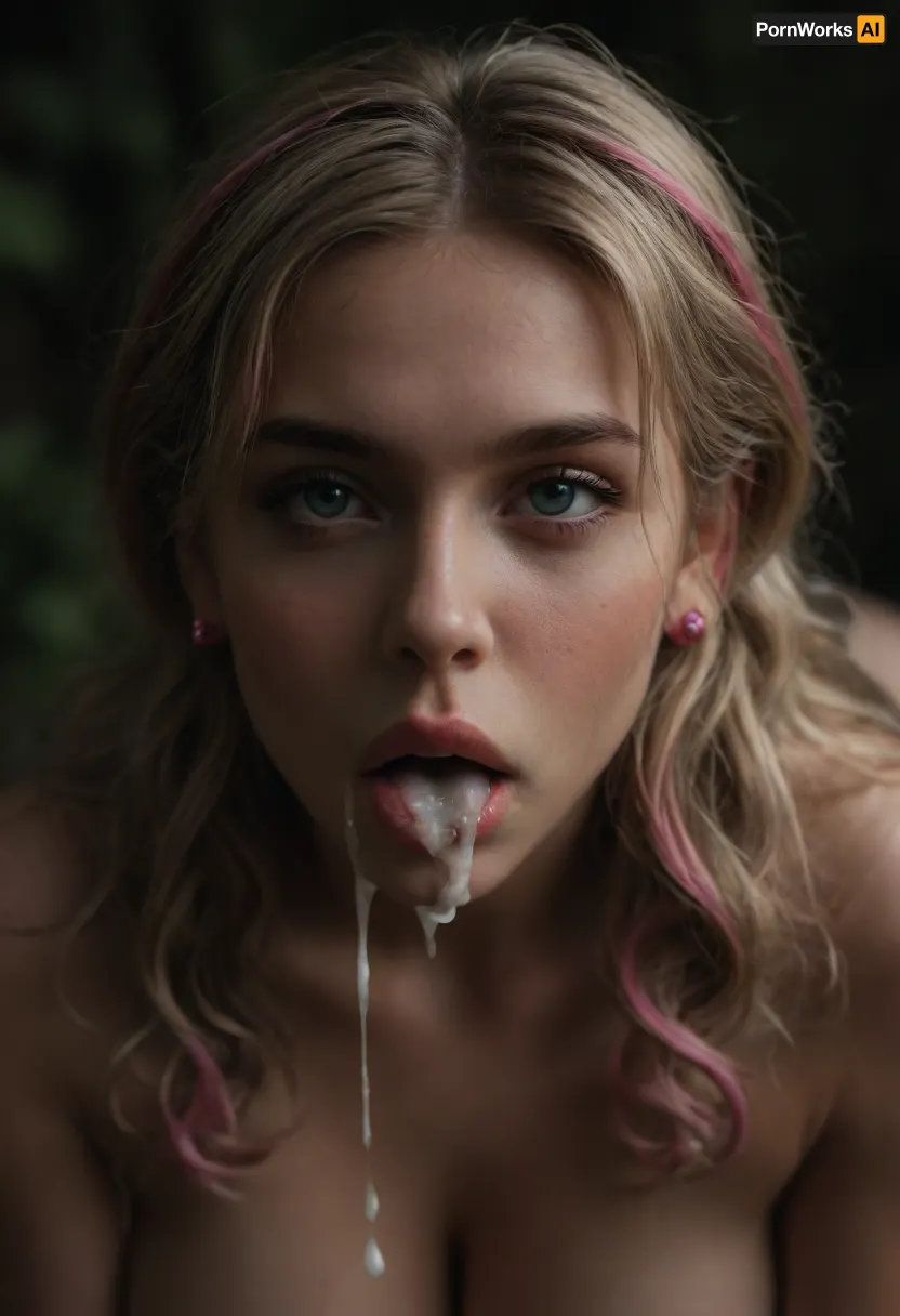 Close up of tits, huge round tits, huge perky tits, huge firm tits, tits are covered in excessive cum, Juliet Starling, blonde pigtails with pink highlights at the ends, young face, mouth open, oral creampie, outdoors at night, <lora:dark:.8>, <lora:SDXLHighDetail_v6-000005:.8>