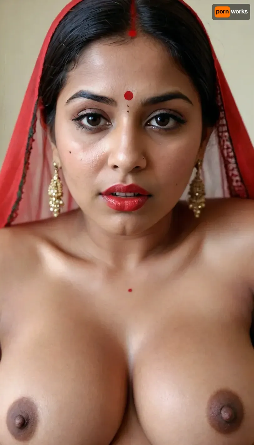 A 30 years old very beautiful sexy horny Indian wife, thick puffy wide sexy lips, horny look, deep prominent black eyes, closeup look of enormous boobs with erected heard black colored nipples and prominent goosebumps all over the boobs, ((show the red vermilion on head as indian wives usually wear)), show the, ((prominent goosebumps on the boobs)), goose pimples all over the boobs, tiny hair on the brrasts are all erected pimples on face, biting lips in anticipation, goosebumps appearing on skin, fully erected very long hard black colored nipples, biting her bimbo lips in lust